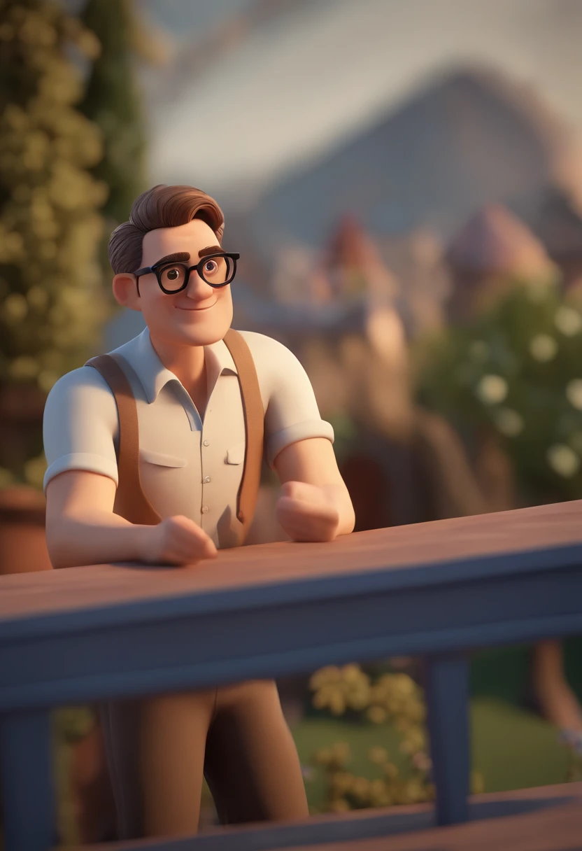 Cartoon character of a man wearing black glasses and a blue shirt, um personagem animado, Caractere estilizado, animation style rendering, 3D estilizado, Arnold Maya render, 3 d render stylized, toon render keyshot, Personagem 3D, Personagem 3D, 3d rendering stylized, 3 d character render, personagem de desenho animado, Personagem de close up, Pose de personagem, (Estilo Pixar) (master part:1.2) (Bokeh) (best quality) (pele detalhada) (textura detalhada) (8k) (argila) (Cinematic lighting) (foco nítido，Senta e vaza a parte superior do corpo