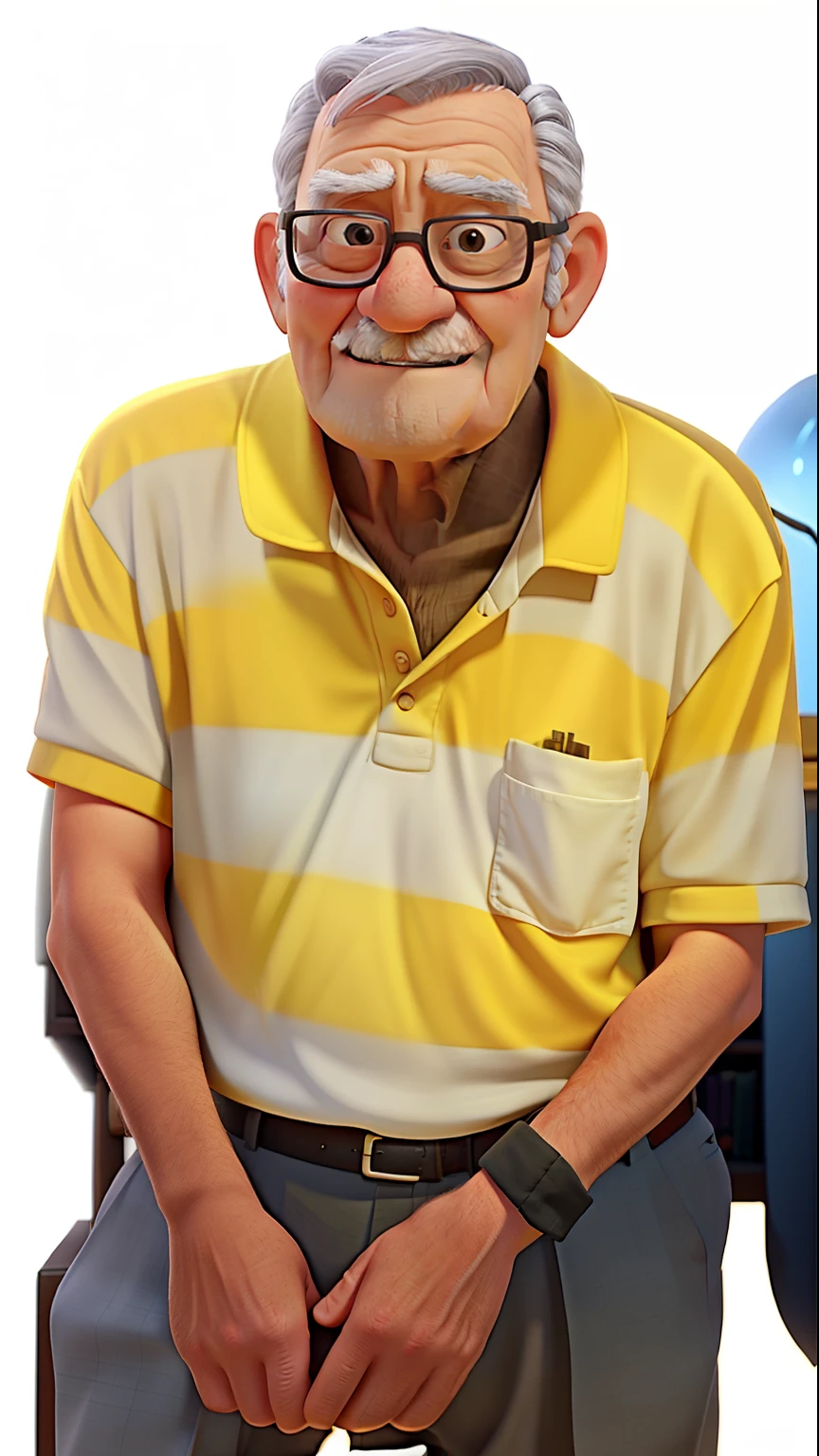 A wise old man standing in front, illuminated by the light of a lamp, against the backdrop of a library