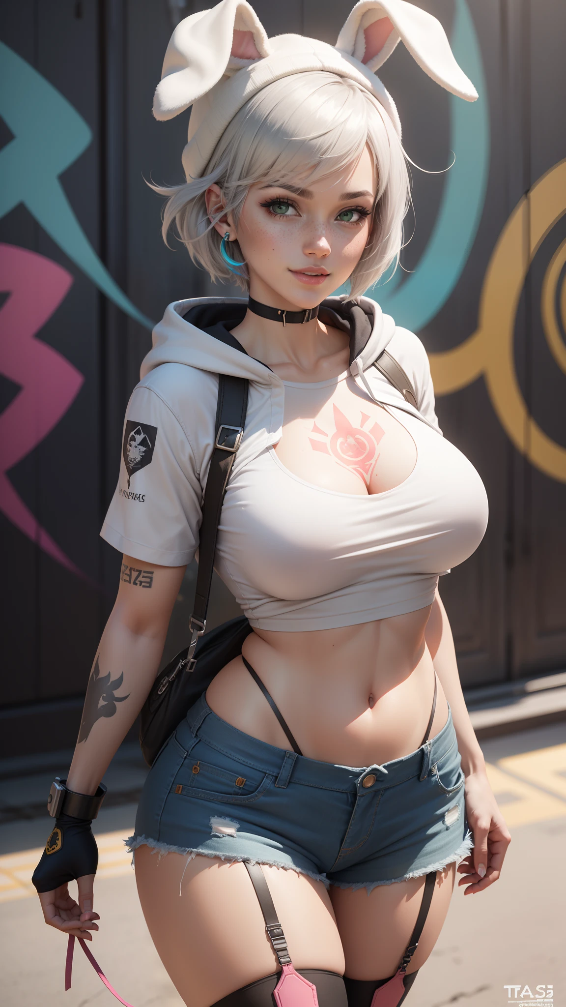 gwen tennyson,tracer,yorha 2b,y'shtola rhul,overwatch,nier automata,mecha pilot,central park,tattoos,orange and pink plugsuit,white short sleeve top,denim micro shorts,garter belt, uncovered belly,short hair,cute makeup,green eyes,dimensional silver hair,sexy smile,freckles,beautiful girl,large breasts,8k,ultra detailed, realistic,fantasy art,skater uniform,ear piercings,cyberpunk suit,saiyan girl, saiyan female,white short sleeve sport hoodie,bunny ear beanie,graffiti wall art,multicolored hair,walking a little dog,