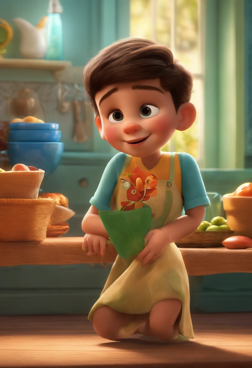 um menino de 6 anos de idade, cabelos castanho, corpo inteiro, disney pixar, cute