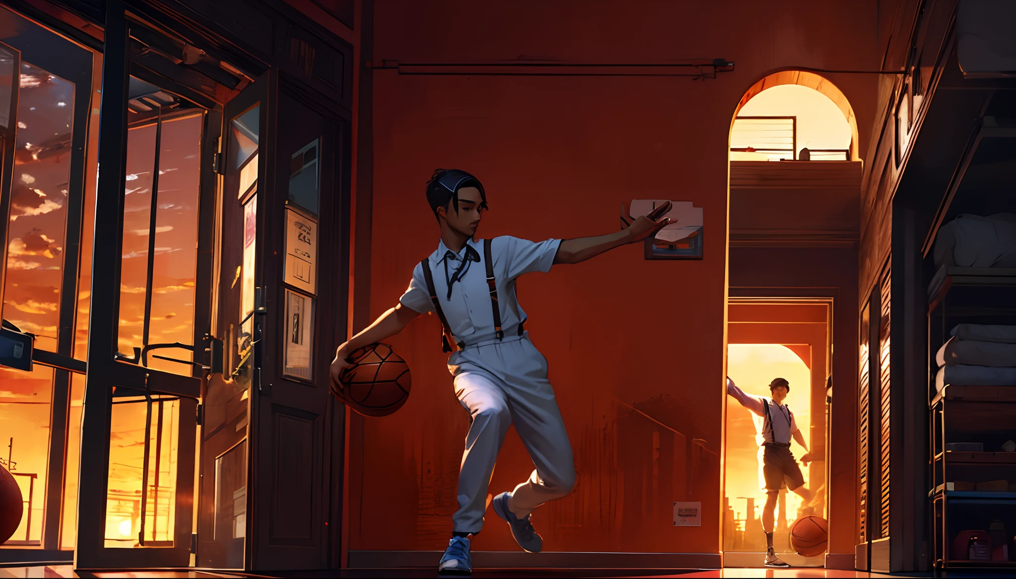the sunset,eventide,Suspenders,middle parted hairstyle,Five fingers clear,Two feet,Right-handed basketball,Put your feet on the ground