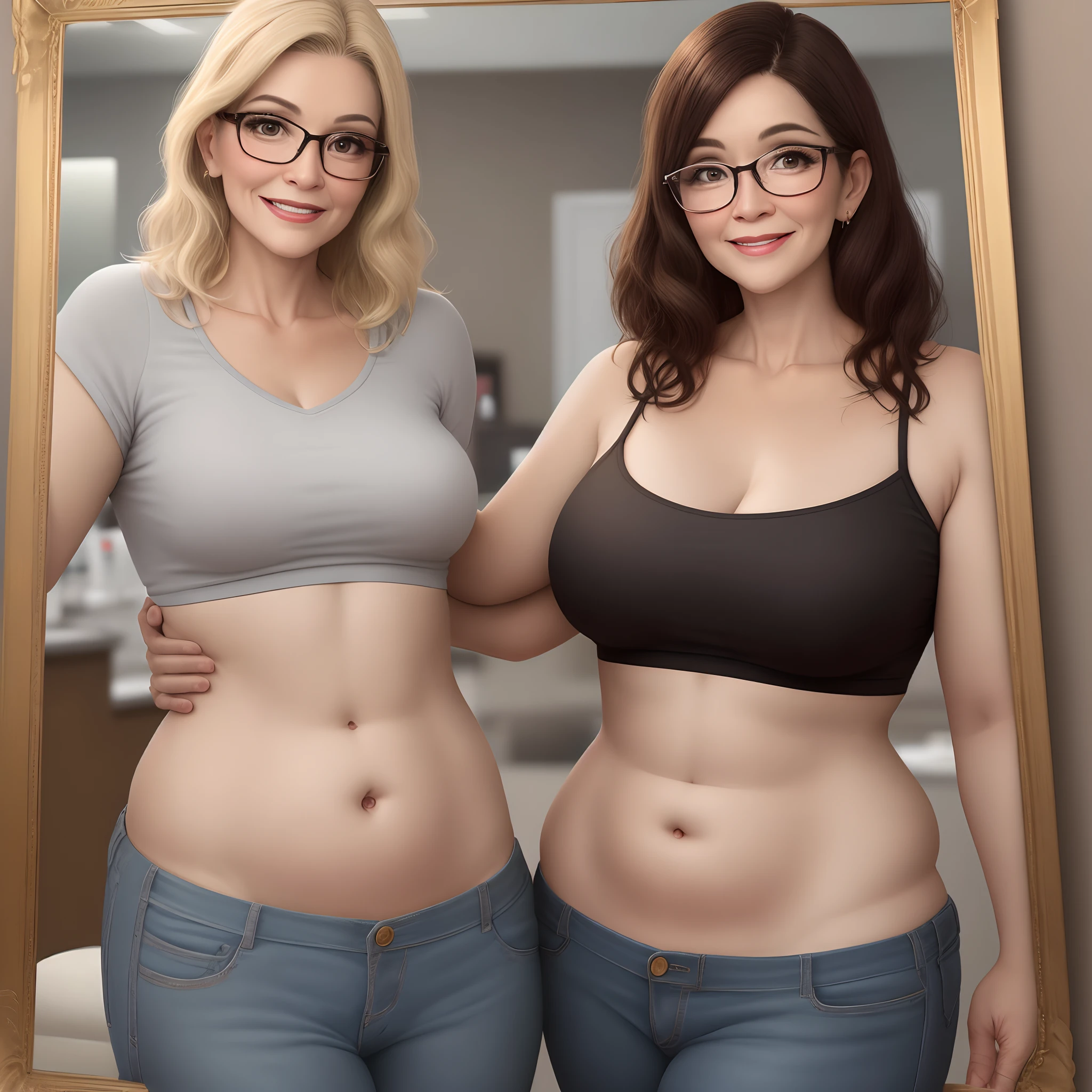 Mulher de 47 anos, meio gordinha, 1,67 de altura, medium hair, liso e com luzes loiras, olhos grandes e castanho escuro, Very thin, gold-framed glasses, works in a dental office