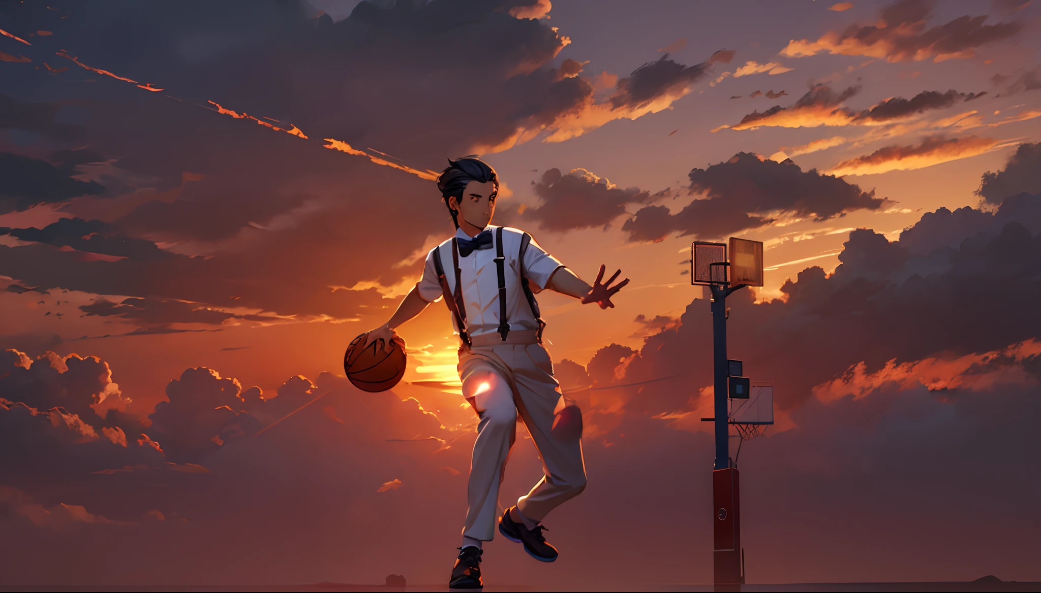 the sunset，eventide，Suspenders，middle parted hairstyle，Five fingers clear，Two feet，Right-handed basketball，Put your feet on the ground