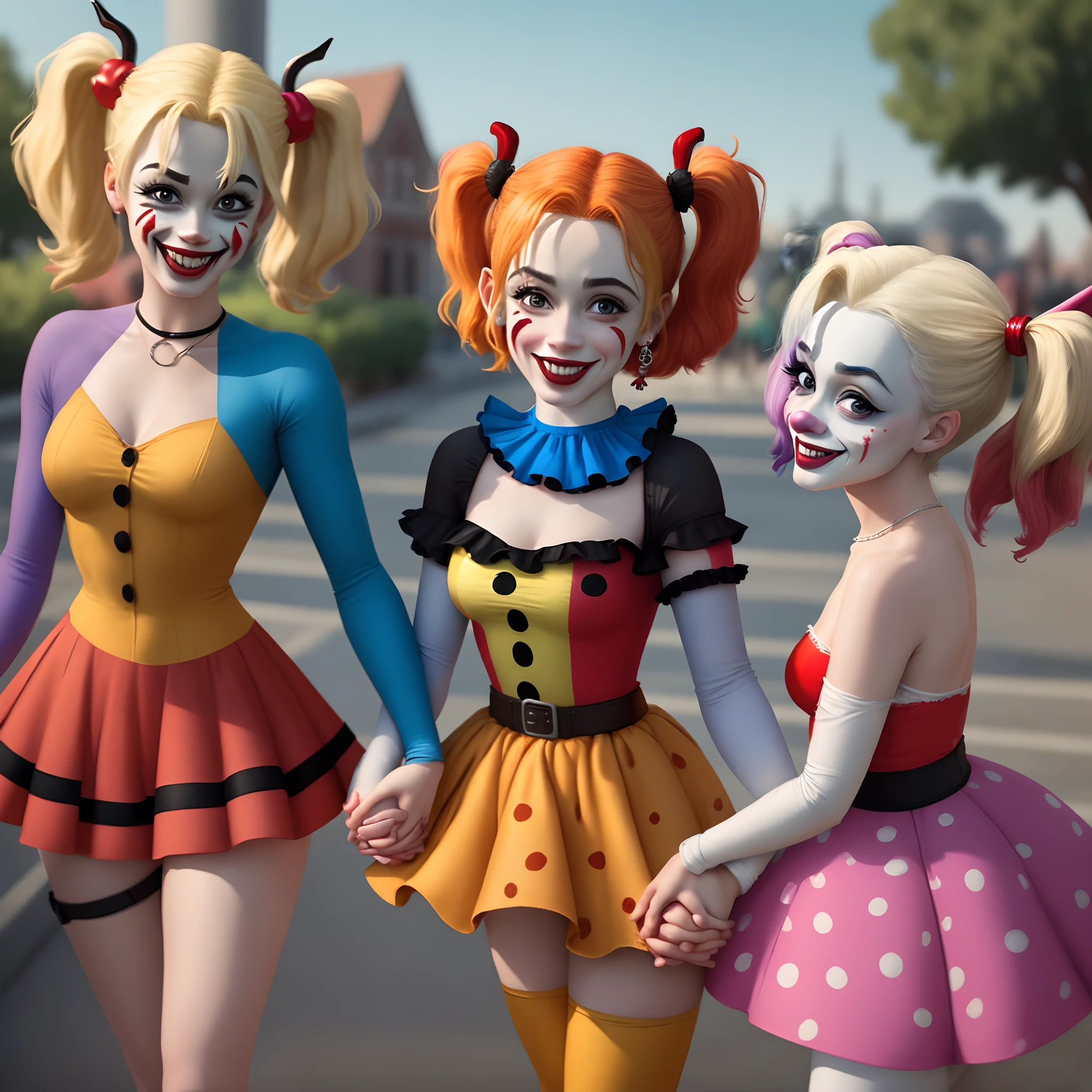 Imagem no estilos pixar, of Deputy Enéas Carneiro holding hands with the character Harley Quinn in the Three Powers Square, With several clown girls in the background