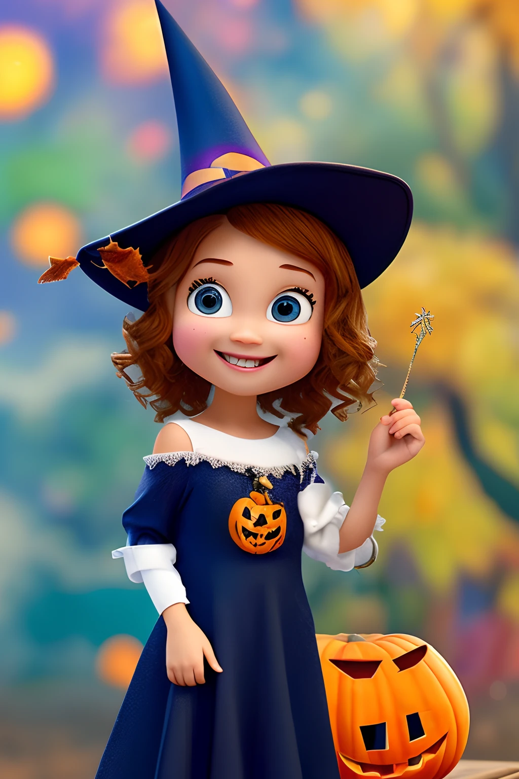 Cute Halloween Disney Pixar style character, girl with brown hair curly below her shoulders and light skin dressed as a little witch with the name Heloíse written in the background
