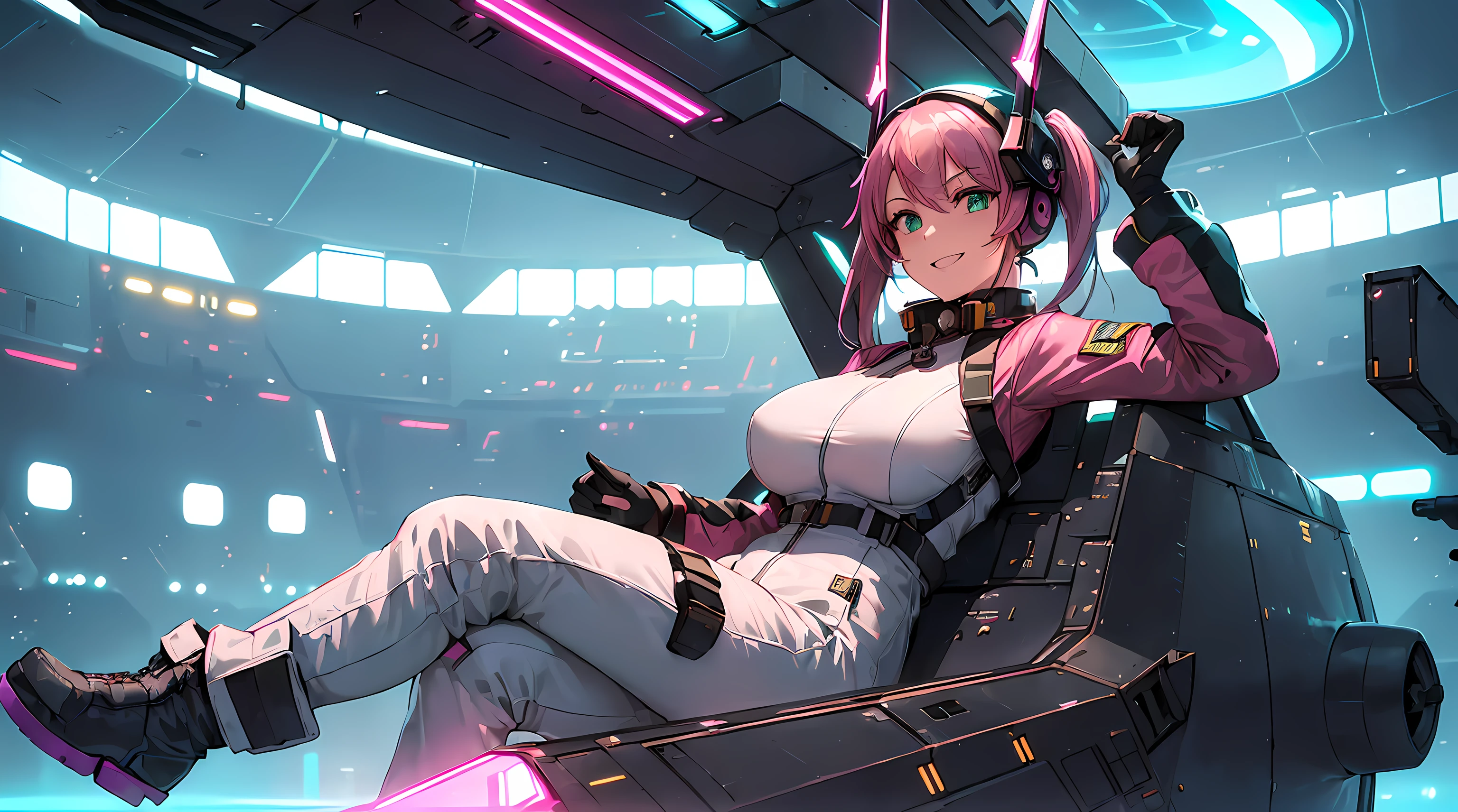 ​masterpiece, 1girl ((20year old, dressed in a tight military space flight suit, boots, medium breasts, multicolor pink hair, twin ponytails, perfect model body, green eyes:1.5, flirting, happy, big smile, wearing a futuristic pilot helmet, standing in a military spaceship hangar:1.2, with a futuristic military fighter jets in the background:1.3, energetic and neon atmosphere:1.2)) ((solo:1.6))