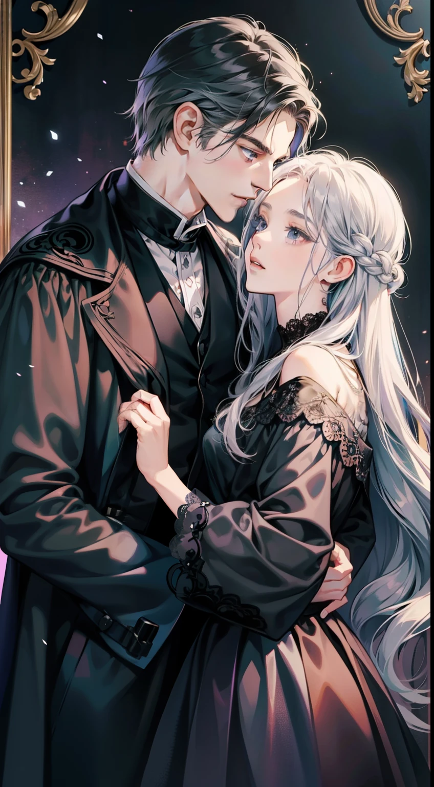 Couple, 1 girl 1 man Snape, different hair color, long silver hair and blue eyes, shawl black hair and black eyes, romance, purple dress, UK, silver green room background, face to face, romantic