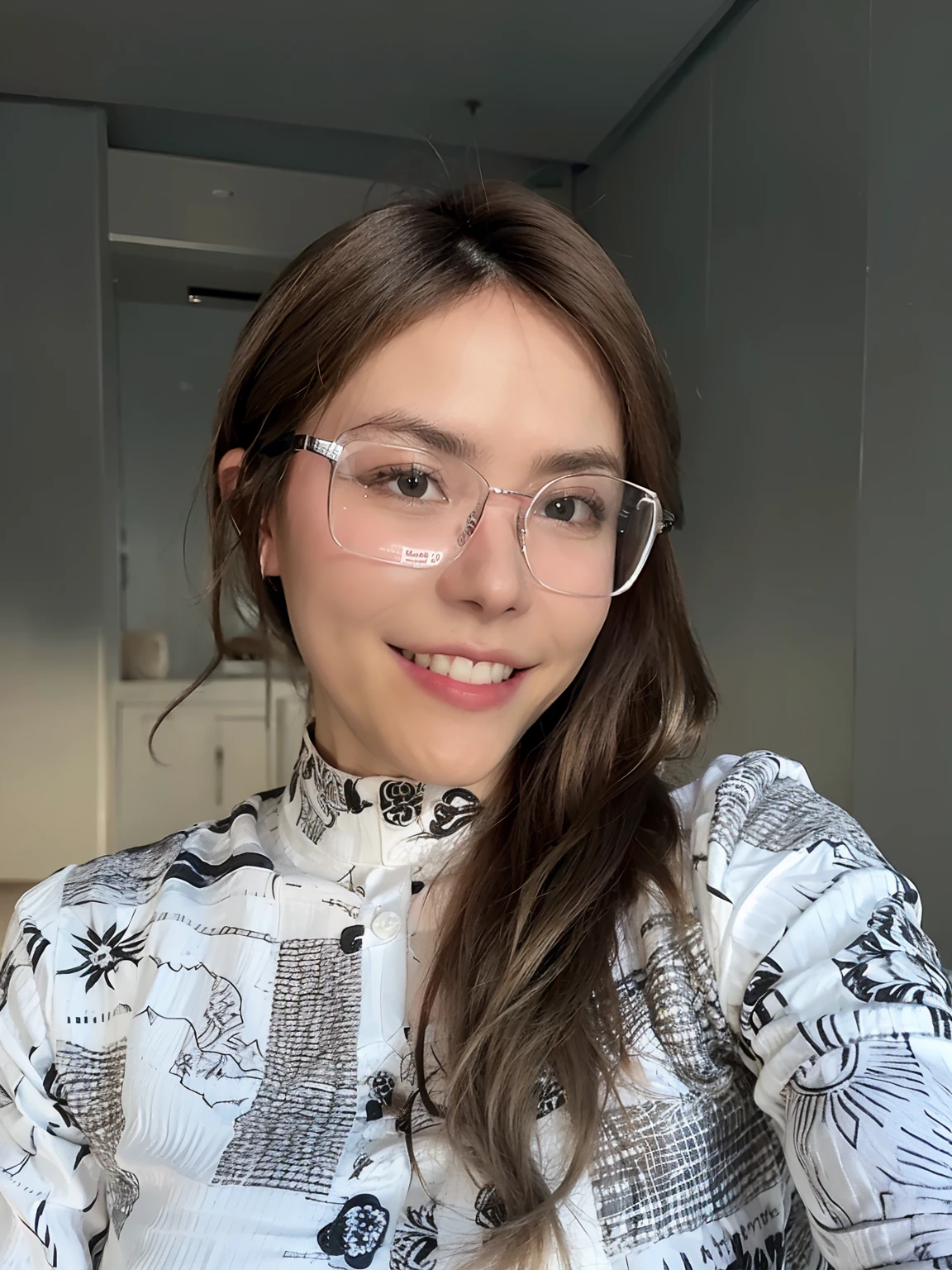 smiling woman with glasses and a white shirt with a map on it, slight nerdy smile, cute slightly nerdy smile, selfie of a young woman, frontal picture, high quality portrait, girl wearing round glasses, with glasses, headshot profile picture, smiling and looking directly, wearing small round glasses, thick glasses, girl with glasses, very very low quality picture