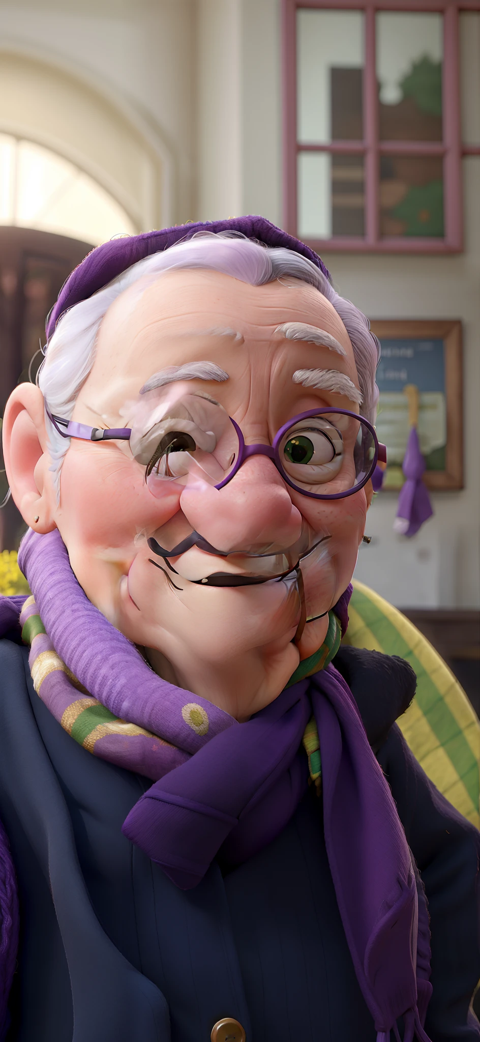 masterpiece, best quality, an old woman with glasses and a scarf on, wearing a purple coat and green scarf, standing at the park