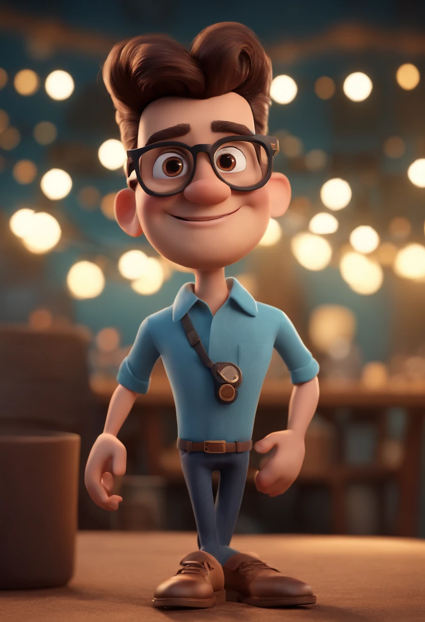Cartoon character of a man with black glasses and a blue shirt, animation character, Caractere estilizado, animation style rendering, 3D estilizado, Arnold Maya render, 3 d render stylized, toon render keyshot, Personagem 3D, Personagem 3D, 3d rendering stylized, 3 d character render, personagem de desenho animado, Personagem de close up, Pose de personagem, (Estilo Pixar) (master part:1.2) (Bokeh) (best quality) (pele detalhada) (textura detalhada) (8k) (argila) (Cinematic lighting) (foco nítido