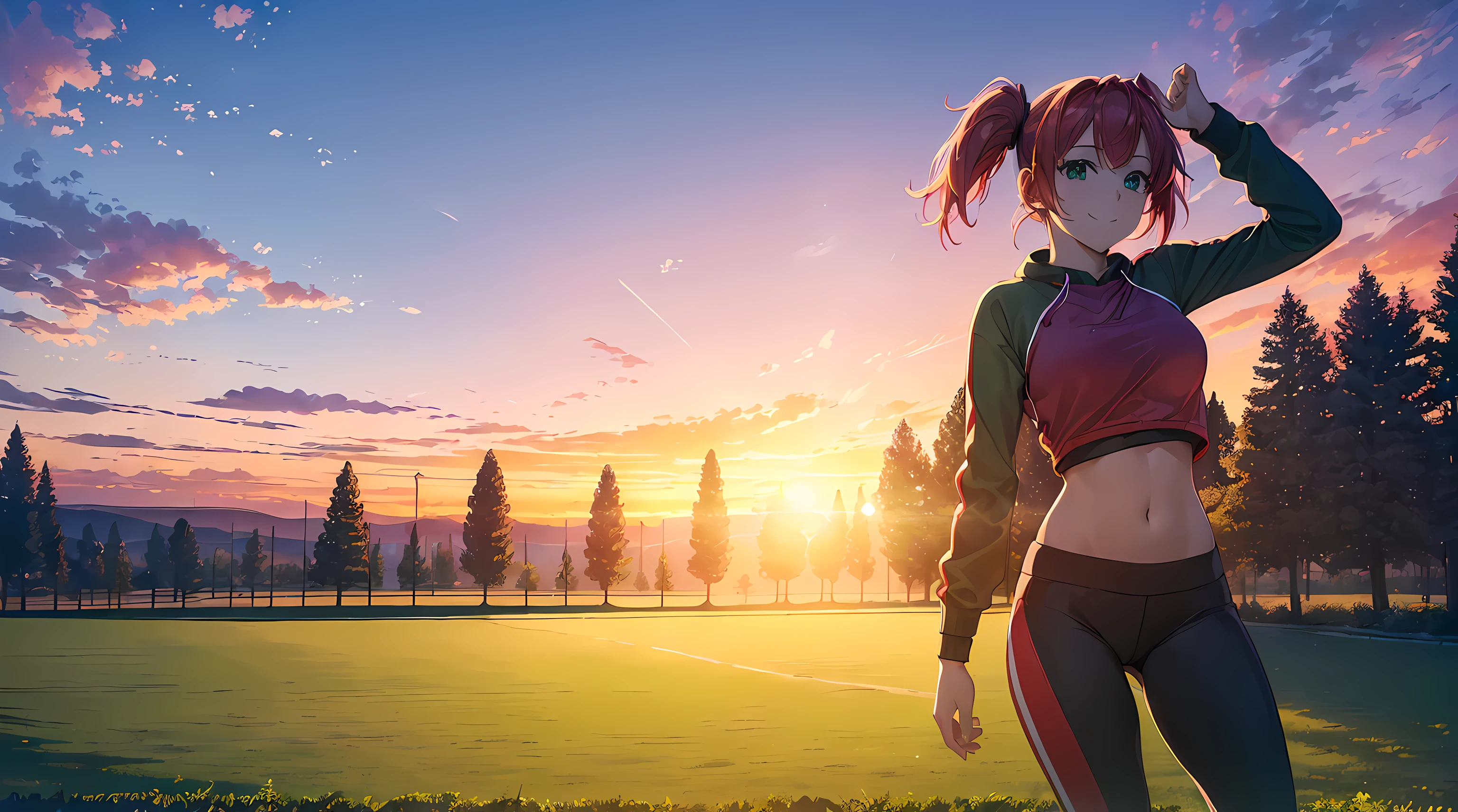 masterpiece, 1girl ((20year old, dressed in a red tight crop top exposes navel, red tight jogging leggings, sneakers, medium breasts, multicolor pink hair, twin ponytails, perfect model body, green eyes:1.5, flirting, happy, big smile, wearing headphones, running in a park:1.3, trees and sunset in the background, relaxing atmosphere:1.2)) ((solo:1.6)) ((wide camera angle))