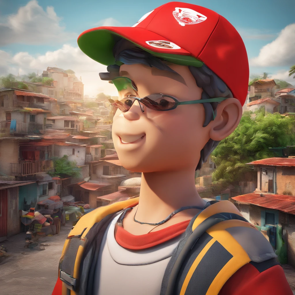 Create a young boy with a beard only on his chin and a white cap with Oakley written on it and a red shirt with a symbol of an alligator on the shirt and in the background a favela