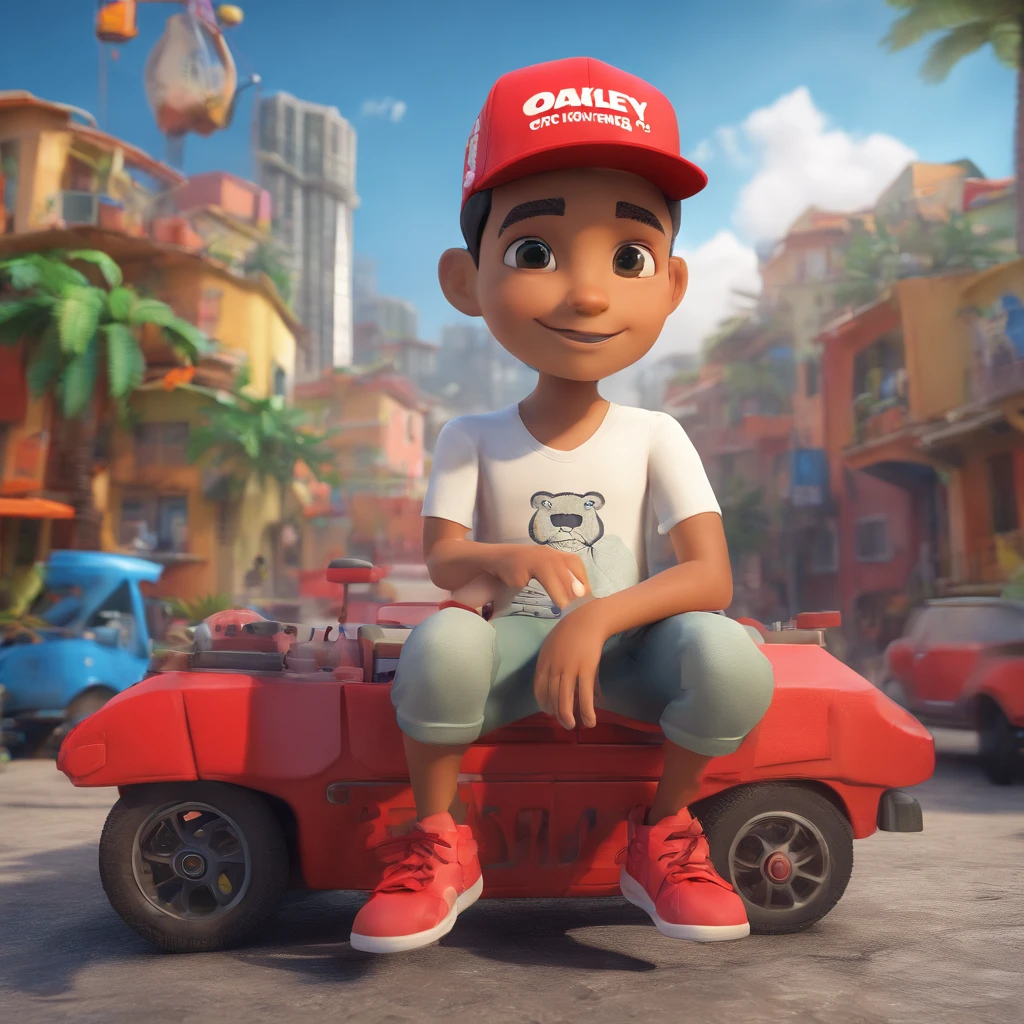 Create a young boy with a beard only on his chin and a white cap with Oakley written on it and a red shirt with a symbol of an alligator on the shirt and in the background a favela