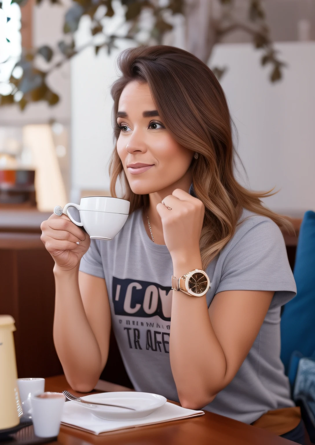 there is a woman sitting at a table with a cup of coffee, woman drinking coffee,, estilo disney pixar, alta qualidade