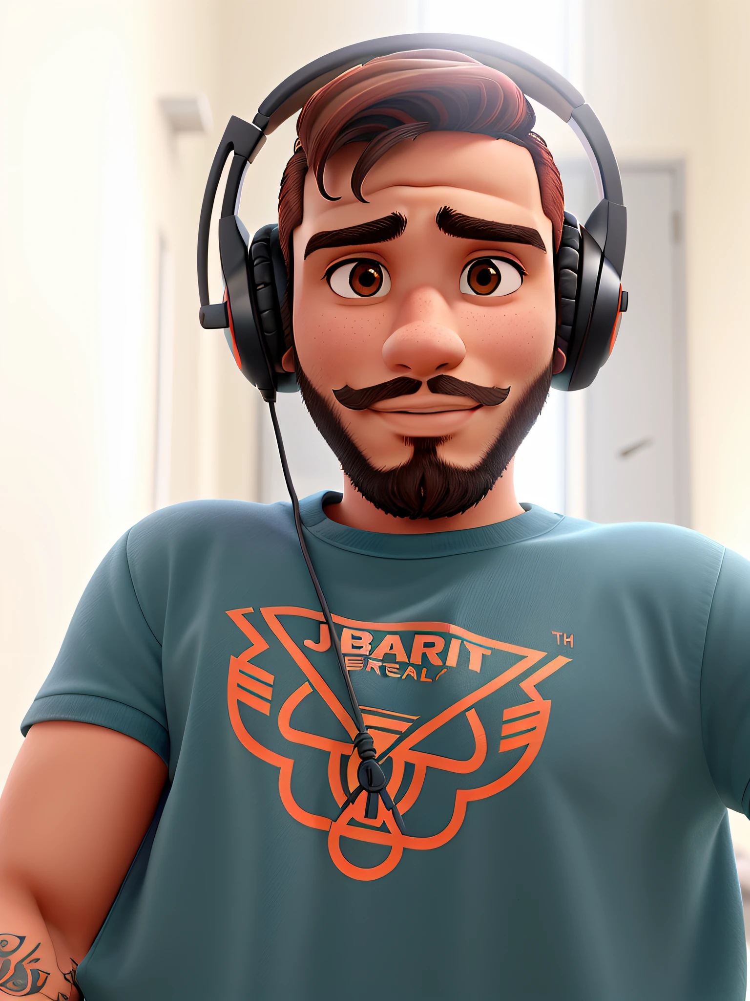 Um jovem de 23 anos, Moreno, cabelos pretos, barba, com um headphone sem fio e com detalhes, Against the backdrop of solid color, s