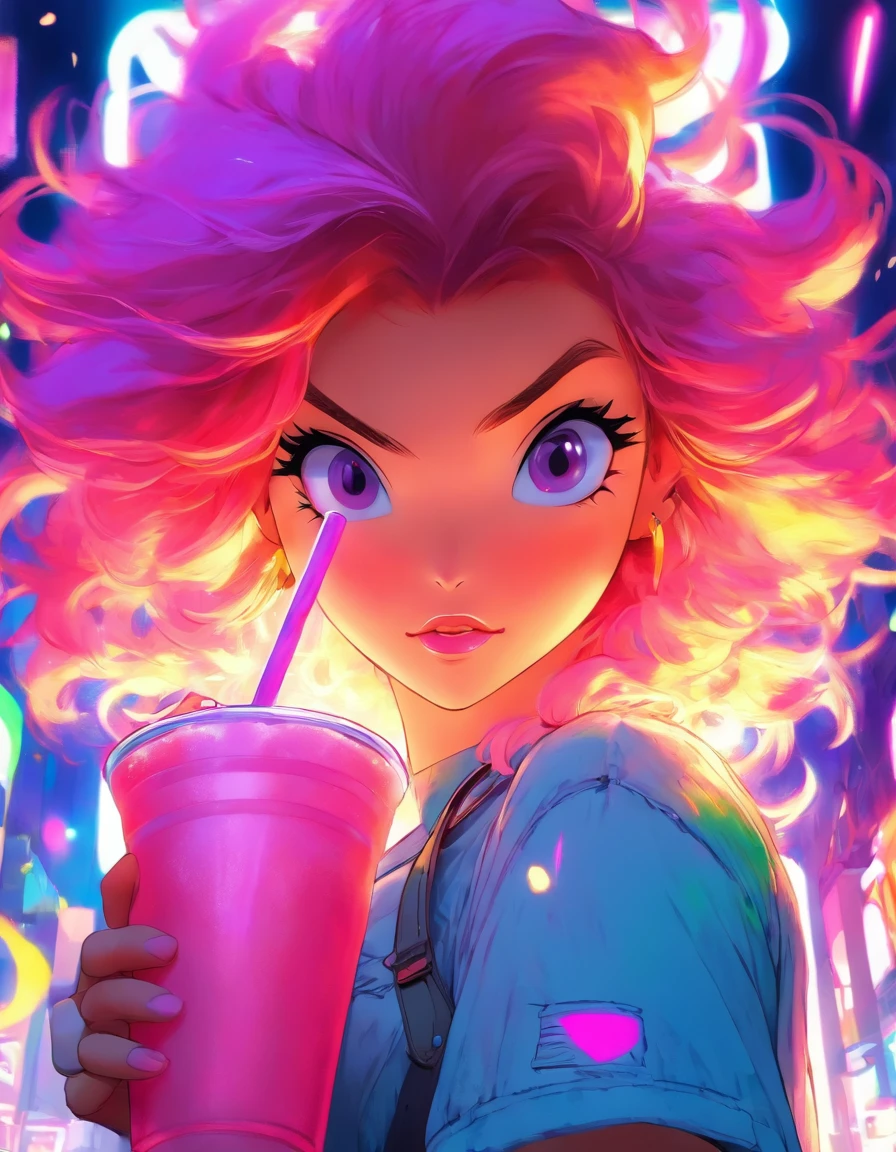 anipoma1,(masterpiece, best illustration, best manga), solo, 1girl, violet eyes, (shiny skin, soft hair), (holding a milkshake), freckles, (bright pink two tone hair:1.3), (wearing a led zepplin tshirt, denim jeans), (extreme light and shadow, volumetric lighting, rim lighting), (daylight:.5), (rainbow lights, light leak), (seductive, smirk), (solo), mangadusk1, manwha1