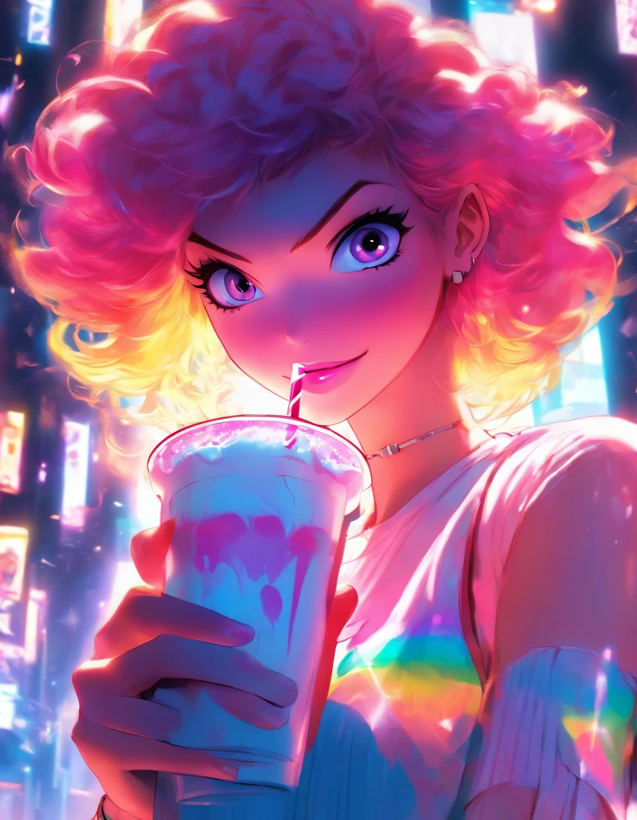 anipoma1,(masterpiece, best illustration, best manga), solo, 1girl, violet eyes, (shiny skin, soft hair), (holding a milkshake), freckles, (bright pink two tone hair:1.3), (wearing a led zepplin tshirt, denim jeans), (extreme light and shadow, volumetric lighting, rim lighting), (daylight:.5), (rainbow lights, light leak), (seductive, smirk), (solo), mangadusk1, manwha1