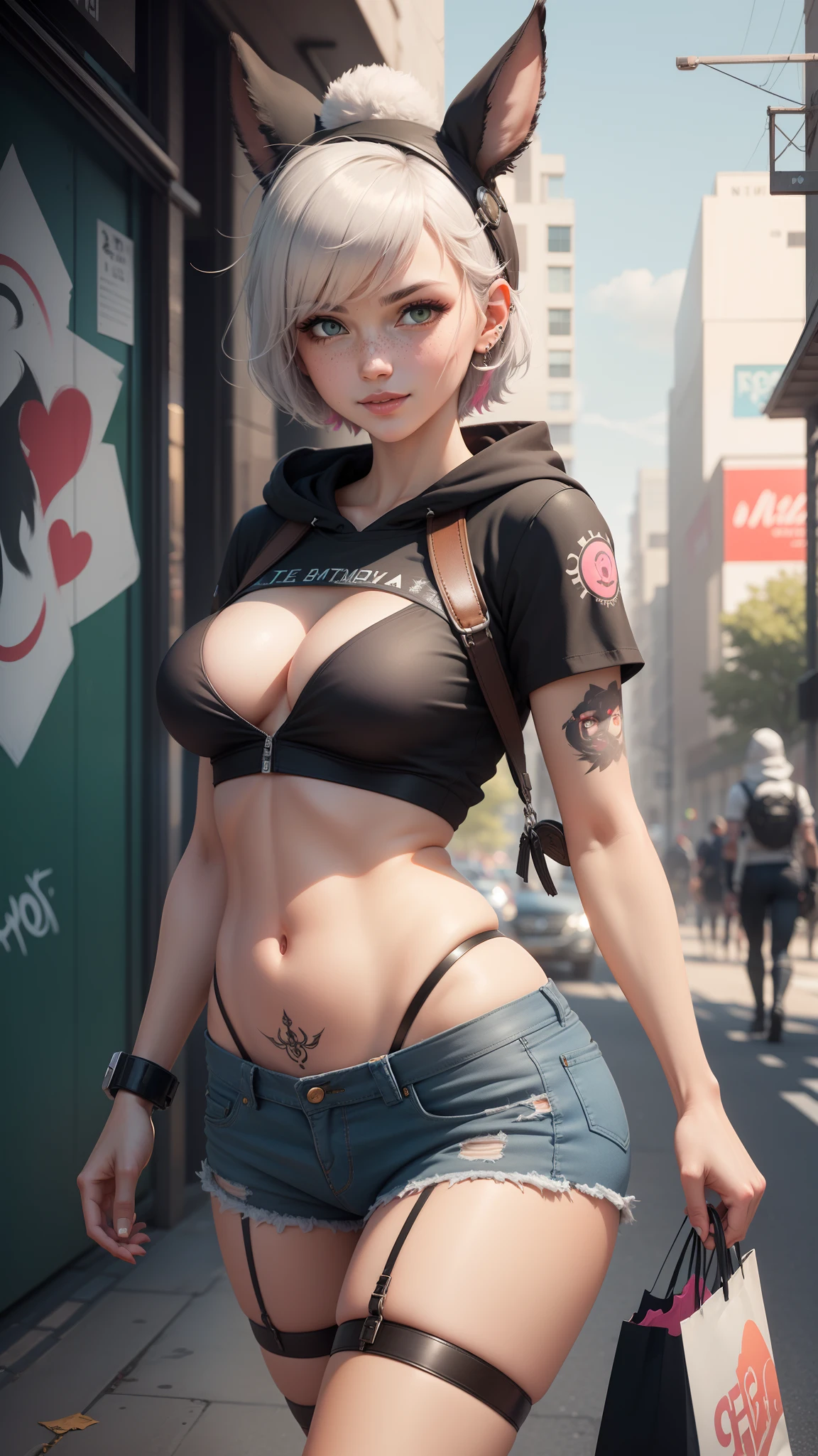 gwen tennyson,tracer,yorha 2b,y'shtola rhul,overwatch,nier automata,mecha pilot,shopping district,tattoos,orange and pink plugsuit,white short sleeve top,denim micro shorts,garter belt, uncovered belly,short hair,cute makeup,green eyes,dimensional silver hair,sexy smile,freckles,beautiful girl,large breasts,8k,ultra detailed, realistic,fantasy art,skater uniform,ear piercings,cyberpunk suit,saiyan girl, saiyan female,white short sleeve sport hoodie,bunny ear beanie,graffiti wall art,multicolored hair,walking,small purse,