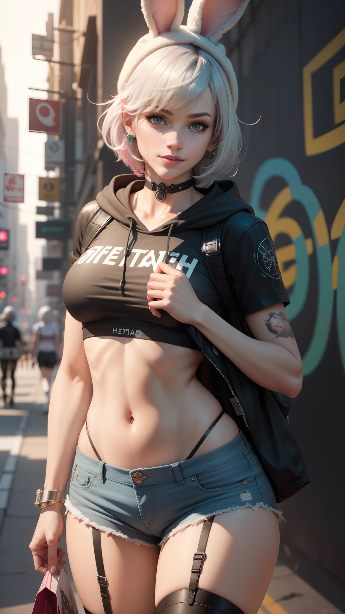 gwen tennyson,tracer,yorha 2b,y'shtola rhul,overwatch,nier automata,mecha pilot,shopping district,tattoos,orange and pink plugsuit,white short sleeve top,denim micro shorts,garter belt, uncovered belly,short hair,cute makeup,green eyes,dimensional silver hair,sexy smile,freckles,beautiful girl,large breasts,8k,ultra detailed, realistic,fantasy art,skater uniform,ear piercings,cyberpunk suit,saiyan girl, saiyan female,white short sleeve sport hoodie,bunny ear beanie,graffiti wall art,multicolored hair,walking,small purse,