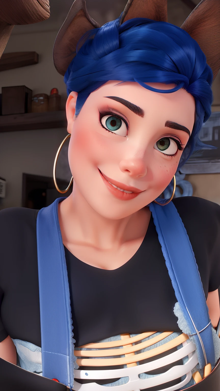 Batom vermelho, com cabelo curto azul