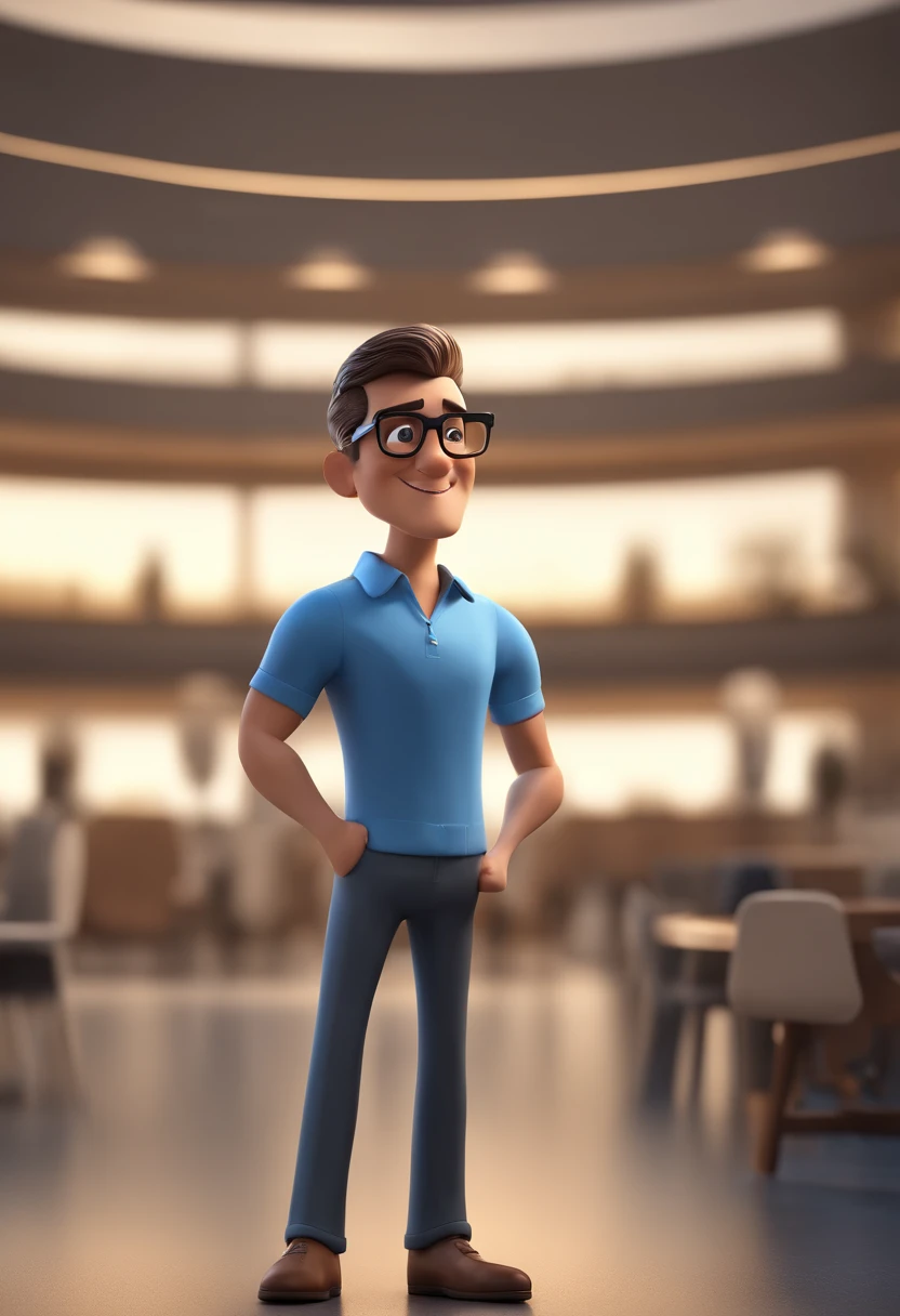 Cartoon character of a man with black glasses and a blue shirt, animation character, Caractere estilizado, animation style rendering, 3D estilizado, Arnold Maya render, 3 d render stylized, toon render keyshot, Personagem 3D, Personagem 3D, 3d rendering stylized, 3 d character render, personagem de desenho animado, Personagem de close up, Pose de personagem, (Estilo Pixar) (master part:1.2) (Bokeh) (best quality) (pele detalhada) (textura detalhada) (8k) (argila) (Cinematic lighting) (foco nítido