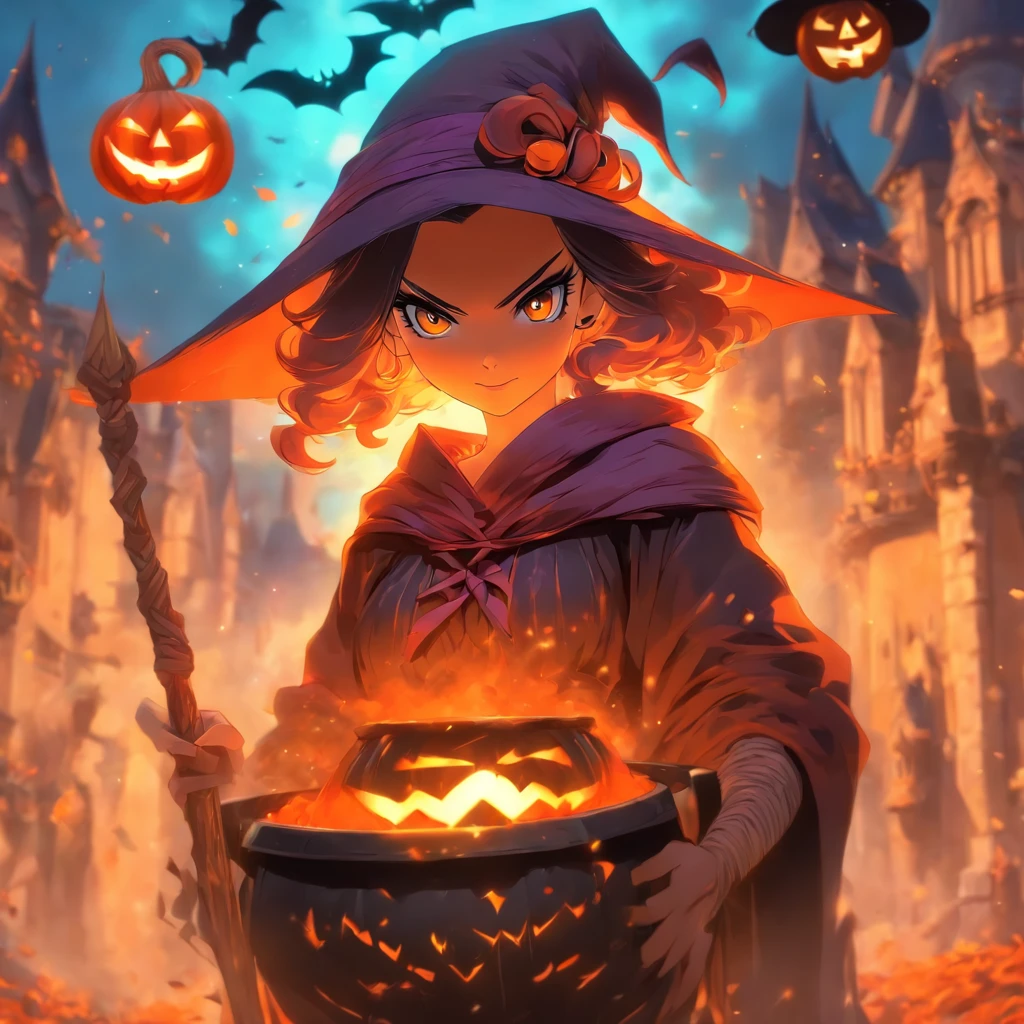 uma mulher morena, olhos castanhos, em uma roupa de halloween, Holding a cauldron and a witch's broom, Artgerm extremamente detalhado, anime. Em frente a um castelo mal assombrado.