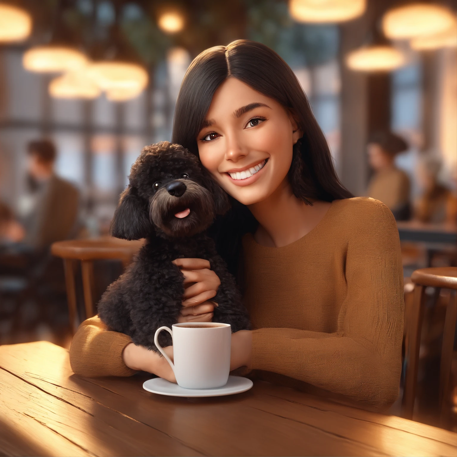 Cute black long straight hair brown eyes round face girl wearing brown sweater sitting in café drinking coffee, Sunset, toothy smile without bangs, holding a poodle puppy in your arms