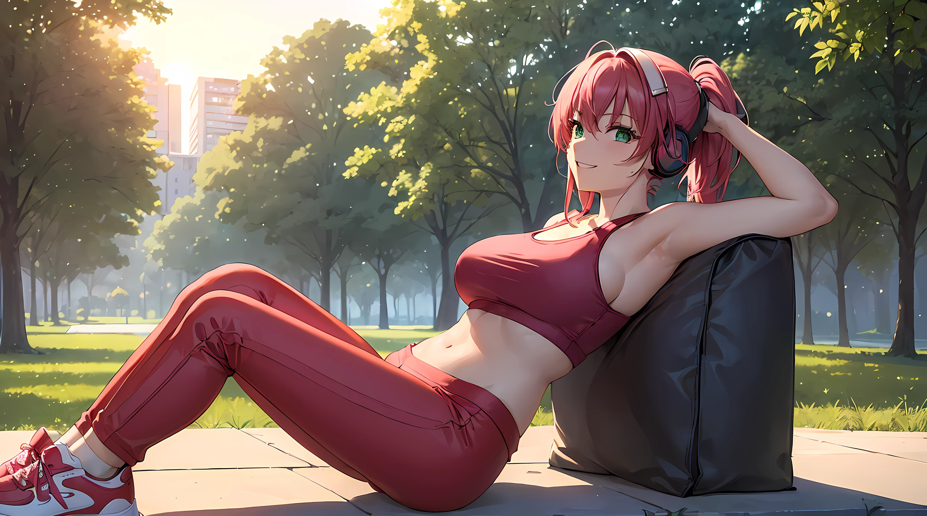 ​masterpiece, 1girl ((20year old, dressed in a red tight crop top exposes navel, red tight jogging leggings, sneakers, medium breasts, multicolor pink hair, twin ponytails, perfect model body, green eyes:1.5, flirting, happy, big smile, wearing headphones, running in a park, trees and sunset in the background, relaxing atmosphere:1.2)) ((solo:1.6)) ((full body shot))