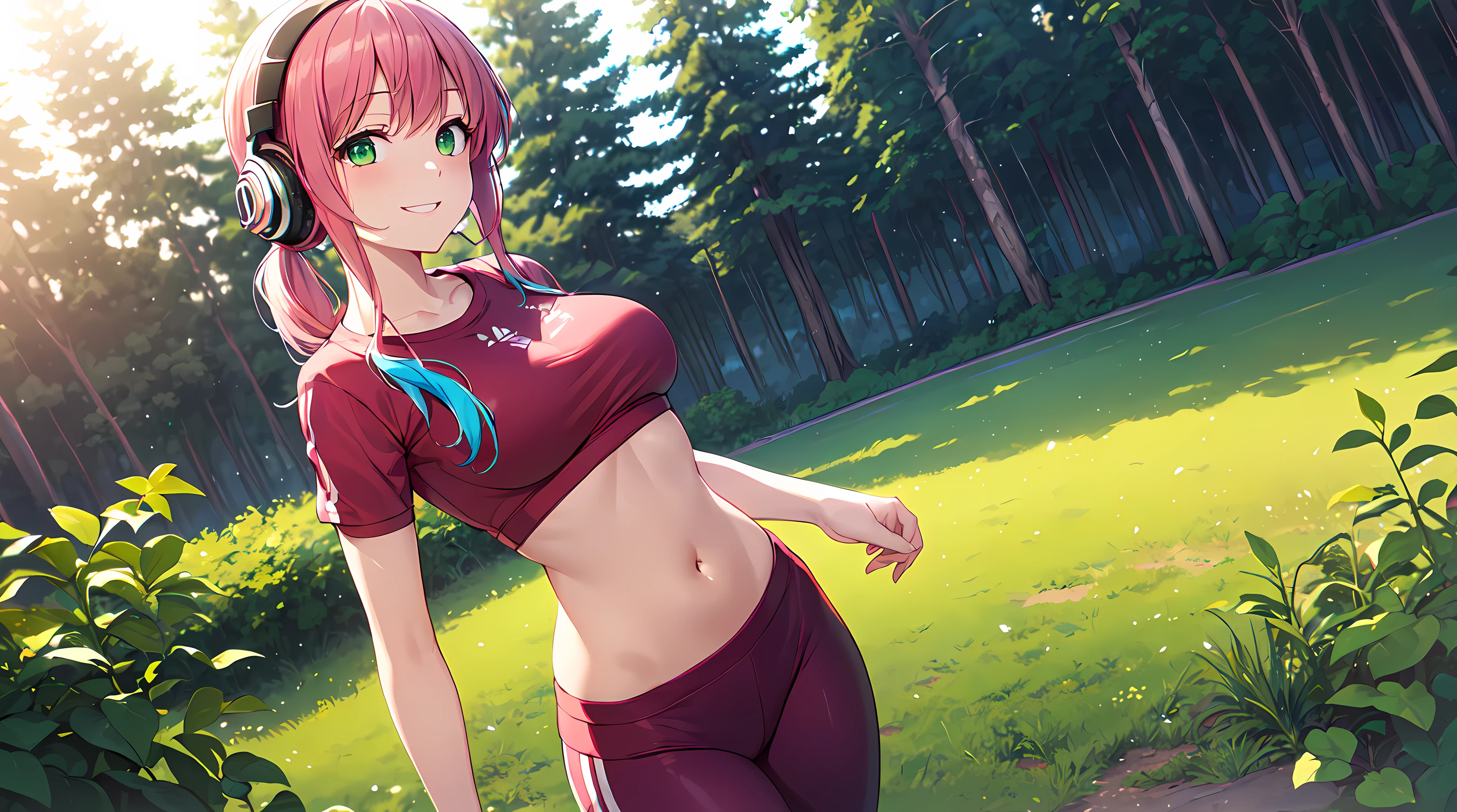 masterpiece, 1girl ((20year old, dressed in a red tight crop top exposes navel, red tight jogging leggings, sneakers, medium breasts, multicolor pink hair, twin ponytails, perfect model body, green eyes:1.5, flirting, happy, big smile, wearing headphones, standing in a park, trees and sunset in the background, relaxing atmosphere:1.2)) ((solo:1.6)) ((LoFi))