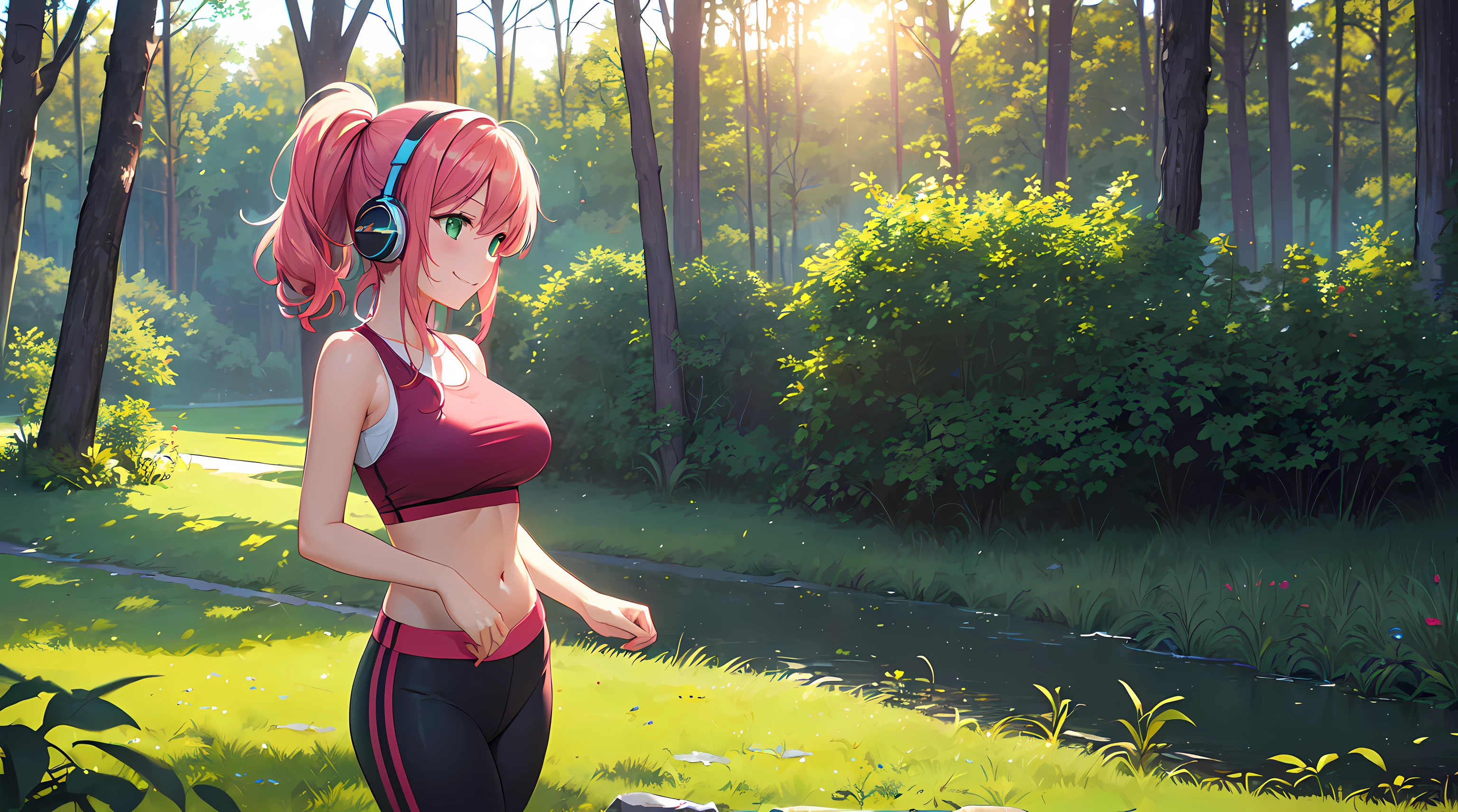 masterpiece, 1girl ((20year old, dressed in a red tight crop top exposes navel, red tight jogging leggings, sneakers, medium breasts, multicolor pink hair, twin ponytails, perfect model body, green eyes:1.5, flirting, happy, big smile, wearing headphones, running in a park:1.3, trees and sunset in the background, relaxing atmosphere:1.2)) ((solo:1.6)) ((wide camera angle))