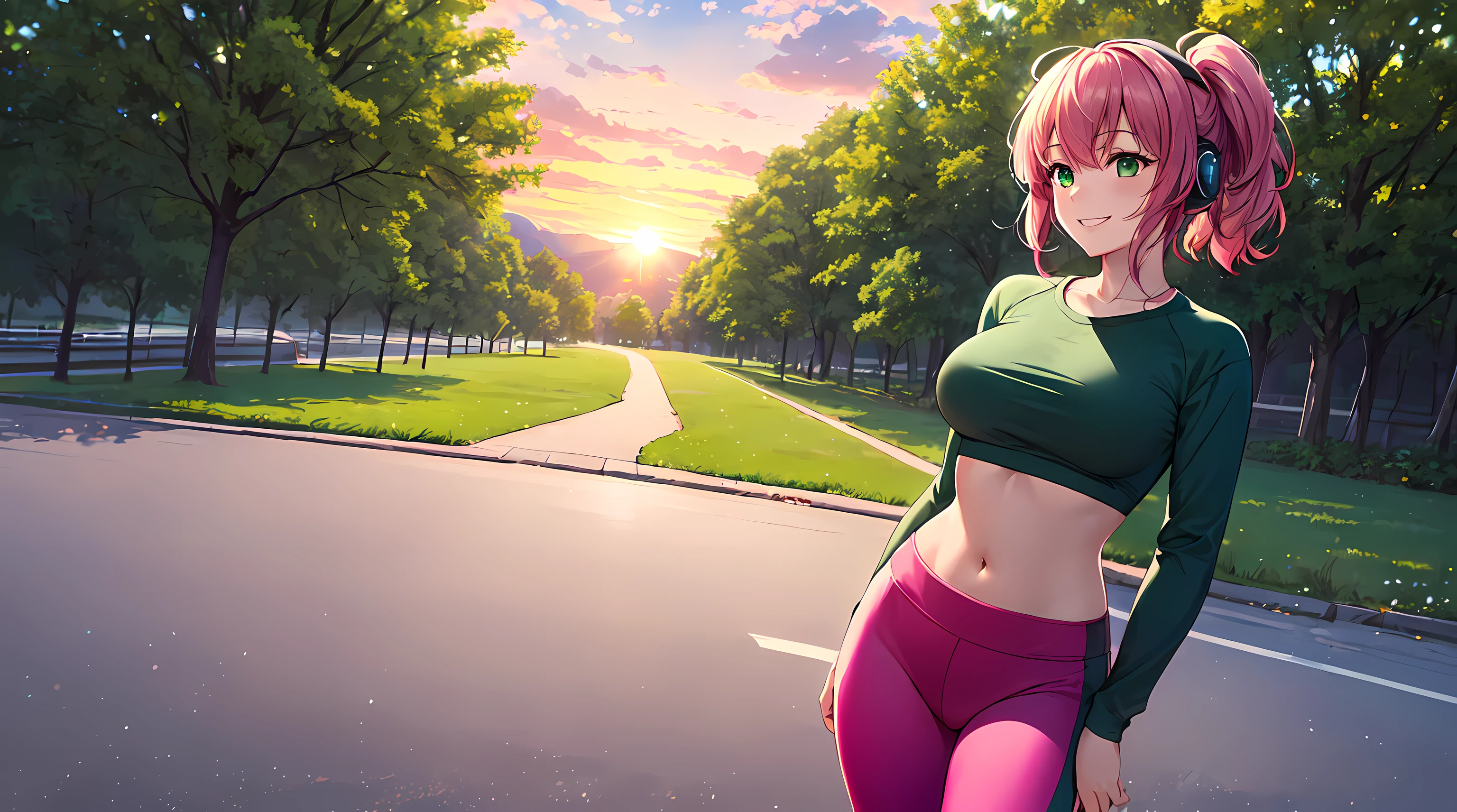 masterpiece, 1girl ((20year old, dressed in a red tight crop top exposes navel, red tight jogging leggings, sneakers, medium breasts, multicolor pink hair, twin ponytails, perfect model body, green eyes:1.5, flirting, happy, big smile, wearing headphones, standing in a park, trees and sunset in the background, relaxing atmosphere:1.2)) ((solo:1.6)) ((LoFi))