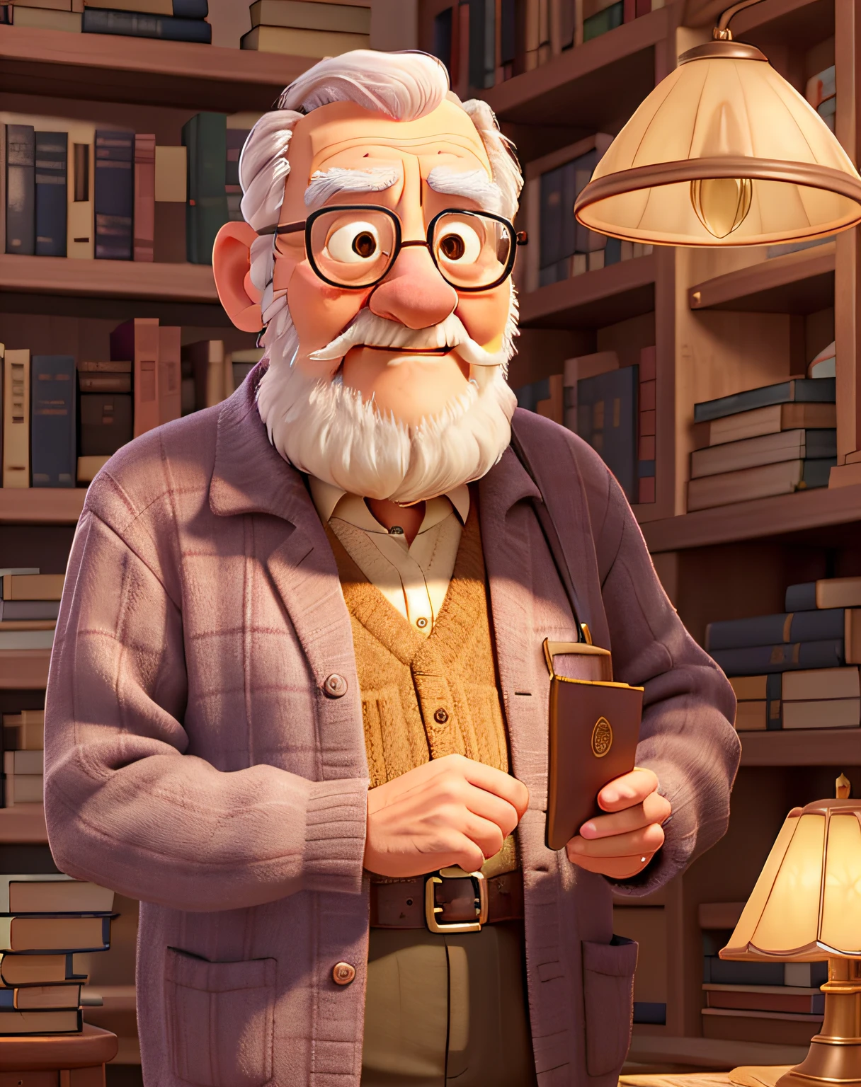 A wise old man standing in front, illuminated by the light of a lamp, against the backdrop of a library