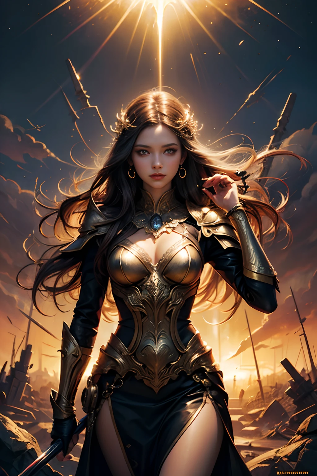 a painting of a woman with a long hair and a swirly hair, plumeria design splash armor and pencil skirt, golden adornments, carrying a spear of light, lighting and fire, golden hour, digital art inspired by Cyril Rolando, trending on cg society, fantasy art, jen bartel, digital art fantasy, colorfull digital fantasy art, gorgeous digital art, beautiful art uhd 4 k, digital art fantasy art, exquisite digital illustration, beautiful digital artwork, stunning digital illustration