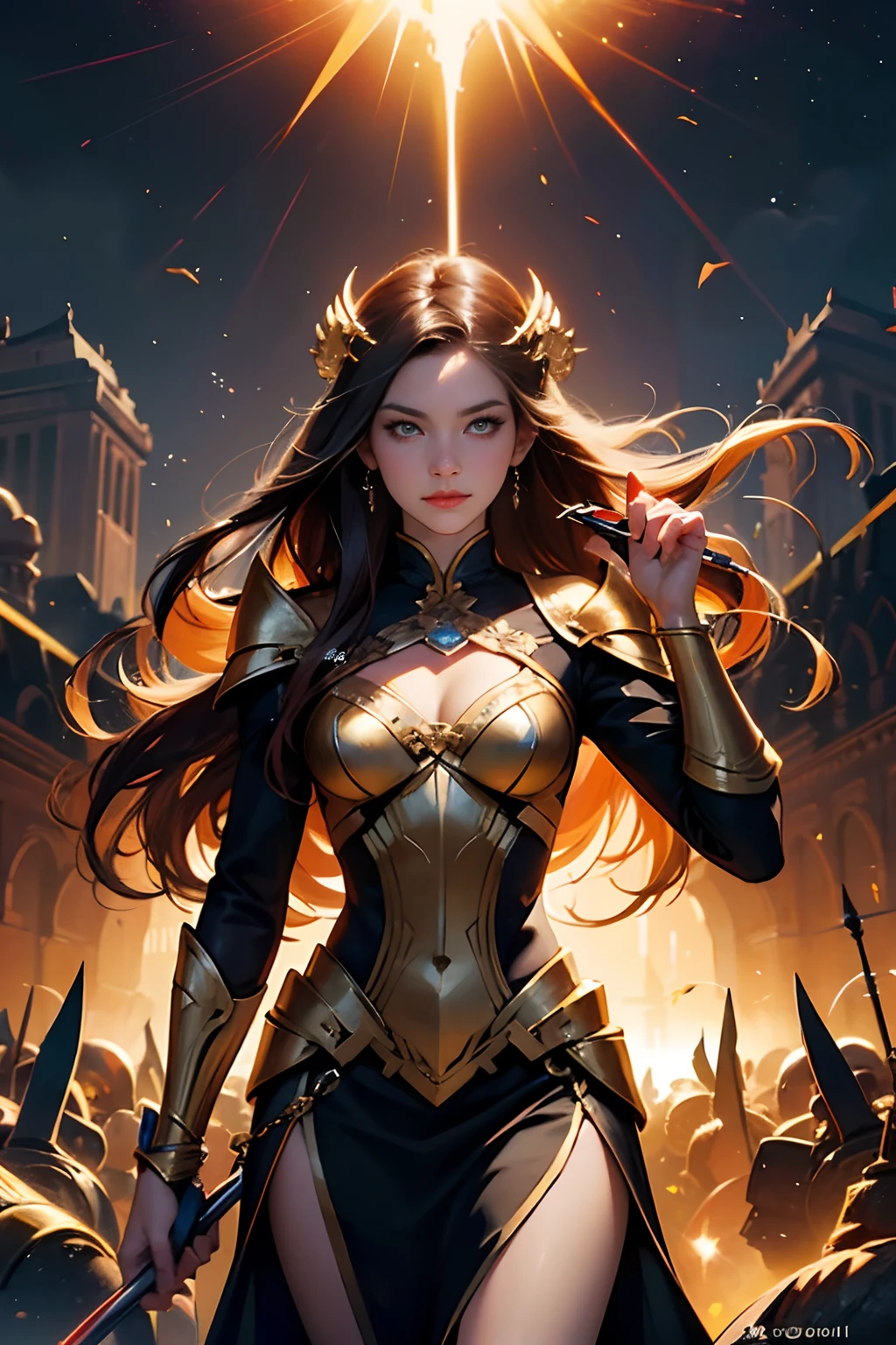 a painting of a woman with a long hair and a swirly hair, plumeria design splash armor and pencil skirt, golden adornments, carrying a spear of light, lighting and fire, golden hour, digital art inspired by Cyril Rolando, trending on cg society, fantasy art, jen bartel, digital art fantasy, colorfull digital fantasy art, gorgeous digital art, beautiful art uhd 4 k, digital art fantasy art, exquisite digital illustration, beautiful digital artwork, stunning digital illustration