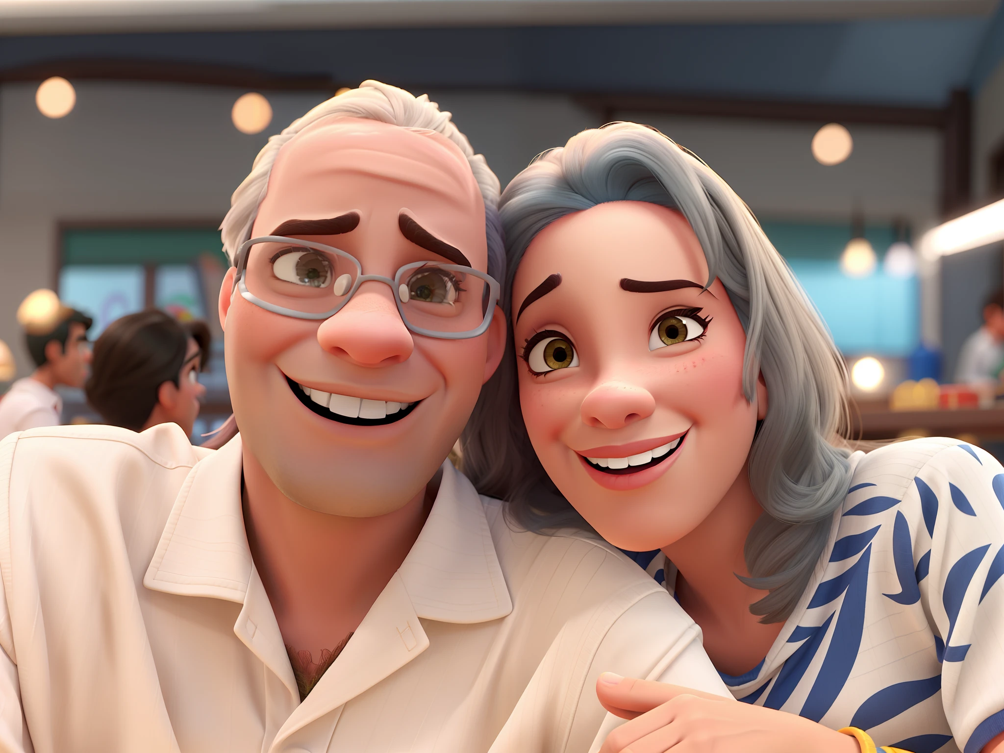Imagem no estilo Disney Pixar, Casal, homem e mulher branca, segurando copo de cerveja, noite na cidade, animados, tongue stickout
