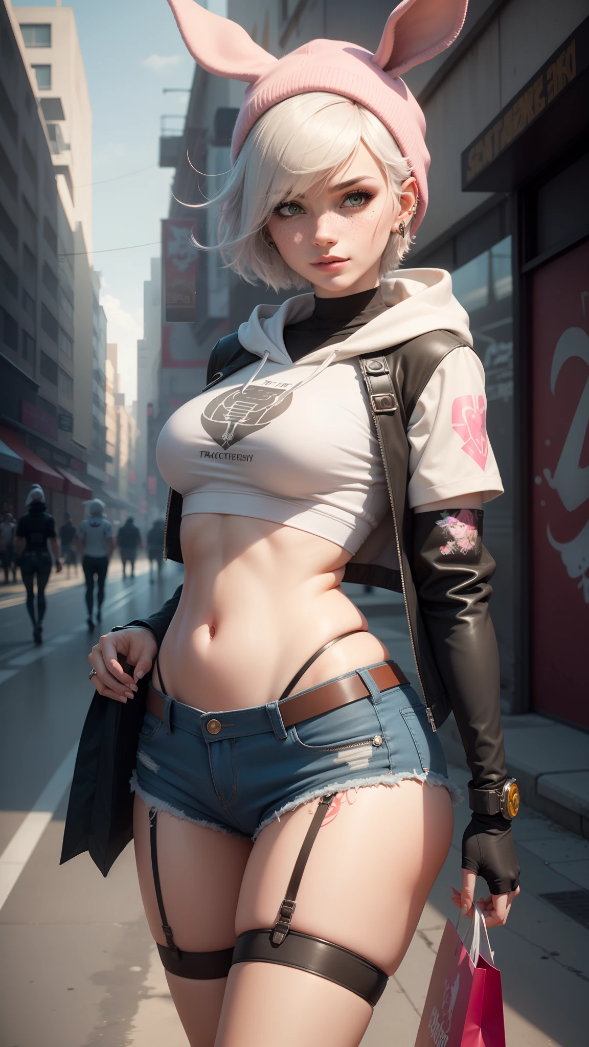 gwen tennyson,tracer,yorha 2b,y'shtola rhul,overwatch,nier automata,mecha pilot,shopping district,tattoos,orange and pink plugsuit,white short sleeve top,denim micro shorts,garter belt, uncovered belly,short hair,cute makeup,green eyes,multicolored silver hair,sexy smile,freckles,beautiful girl,large breasts,8k,ultra detailed, realistic,fantasy art,skater uniform,ear piercings,cyberpunk suit,saiyan girl, saiyan female,white short sleeve sport hoodie,bunny ear beanie,graffiti wall art,walking,small purse,