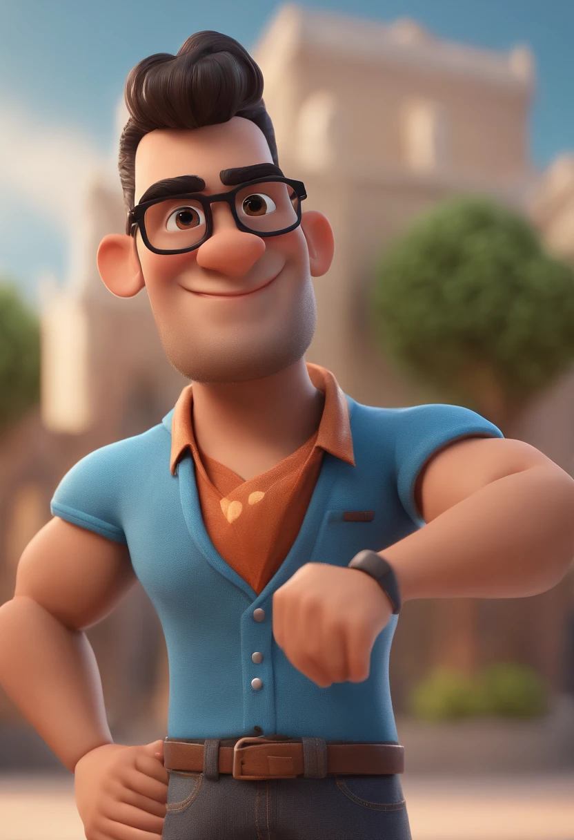 Cartoon character of a man with black glasses and a blue shirt, animation character, Caractere estilizado, animation style rendering, 3D estilizado, Arnold Maya render, 3 d render stylized, toon render keyshot, Personagem 3D, Personagem 3D, 3d rendering stylized, 3 d character render, personagem de desenho animado, Personagem de close up, Pose de personagem, (Estilo Pixar) (master part:1.2) (Bokeh) (best quality) (pele detalhada) (textura detalhada) (8k) (argila) (Cinematic lighting) (foco nítido