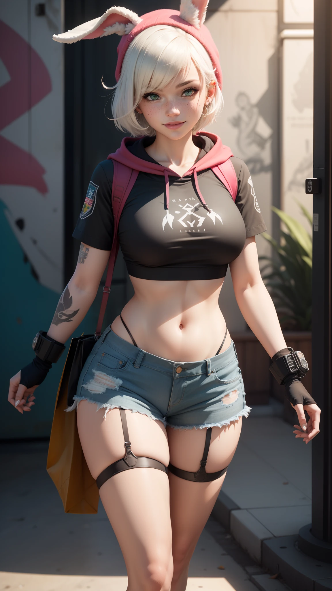 gwen tennyson,tracer,yorha 2b,y'shtola rhul,overwatch,nier automata,mecha pilot,shopping district,tattoos,orange and pink plugsuit,white short sleeve top,denim micro shorts,garter belt, uncovered belly,short hair,cute makeup,green eyes,multicolored silver hair,sexy smile,freckles,beautiful girl,large breasts,8k,ultra detailed, realistic,fantasy art,skater uniform,ear piercings,cyberpunk suit,saiyan girl, saiyan female,white short sleeve sport hoodie,bunny ear beanie,graffiti wall art,walking,small purse,