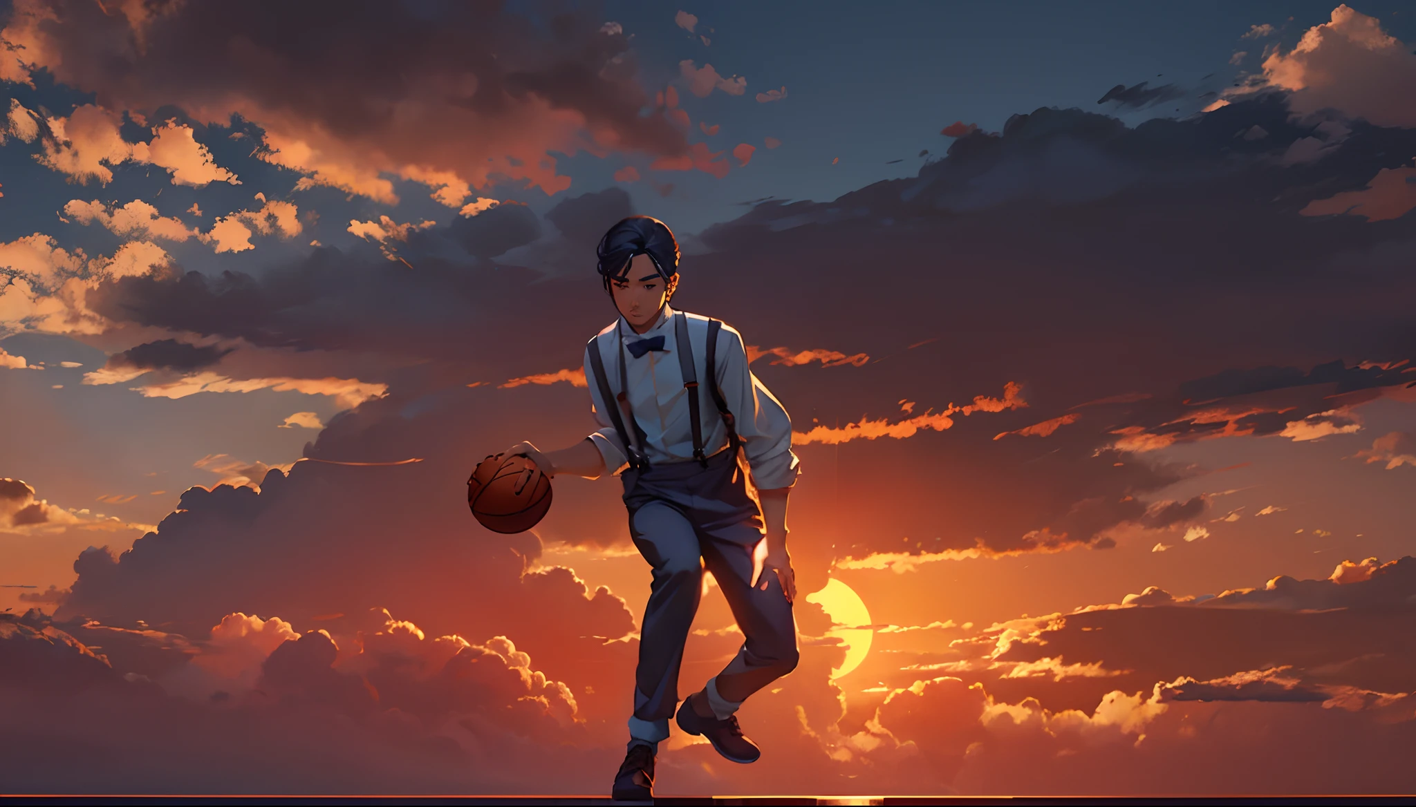 the sunset，eventide，Suspenders，middle parted hairstyle，Five fingers clear，Two feet，Right-handed basketball，Put your feet on the ground