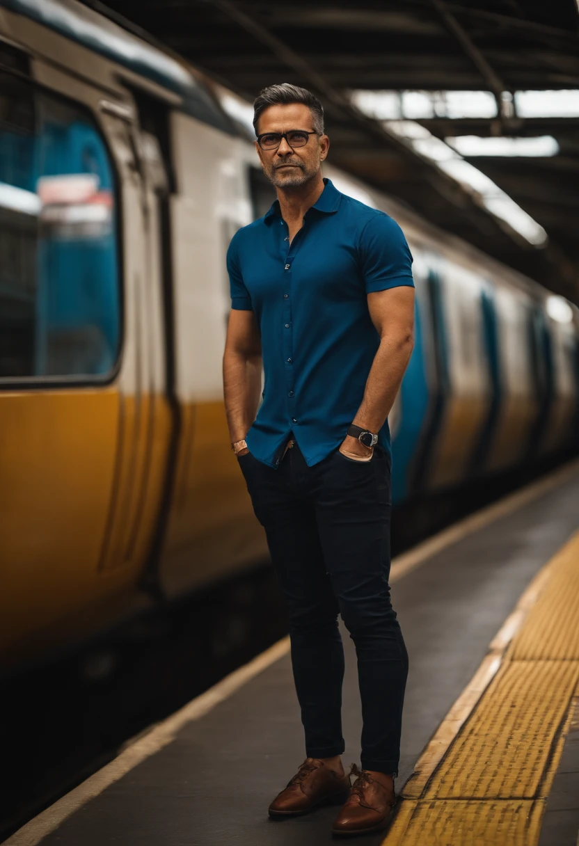 bonito, engenheiro, masculino, 40 anos de idade, cabelo com gel, Slim black rim prescription glasses, olhos castanhos altamente detalhados , camisa polo azul, Several subway trains in the background