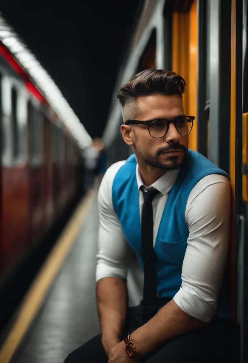 bonito, engenheiro, masculino, 40 anos de idade, cabelo com gel, Slim black rim prescription glasses, olhos castanhos altamente detalhados , camisa polo azul, Several subway trains in the background