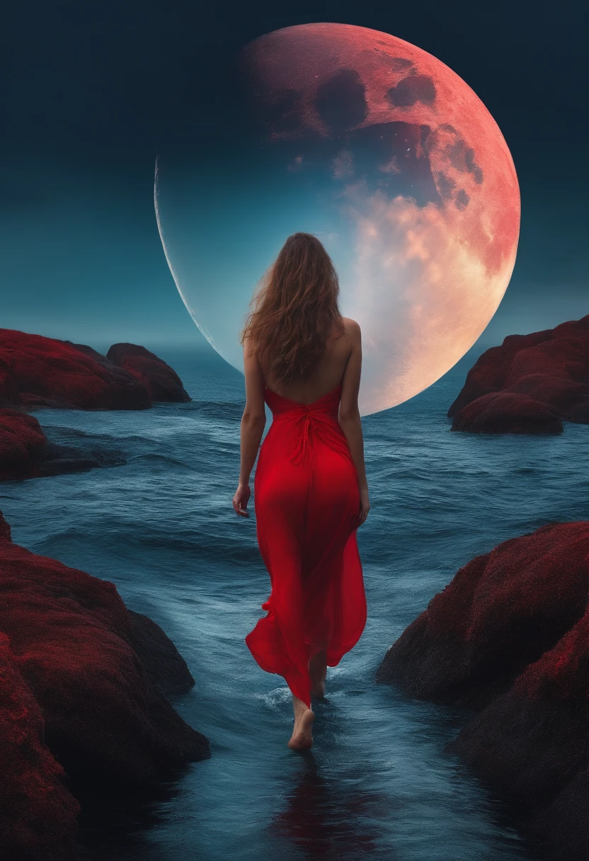 Naked woman ,hairy vagina walking on top of the sea touching the moon,tuning sking wearing red socks