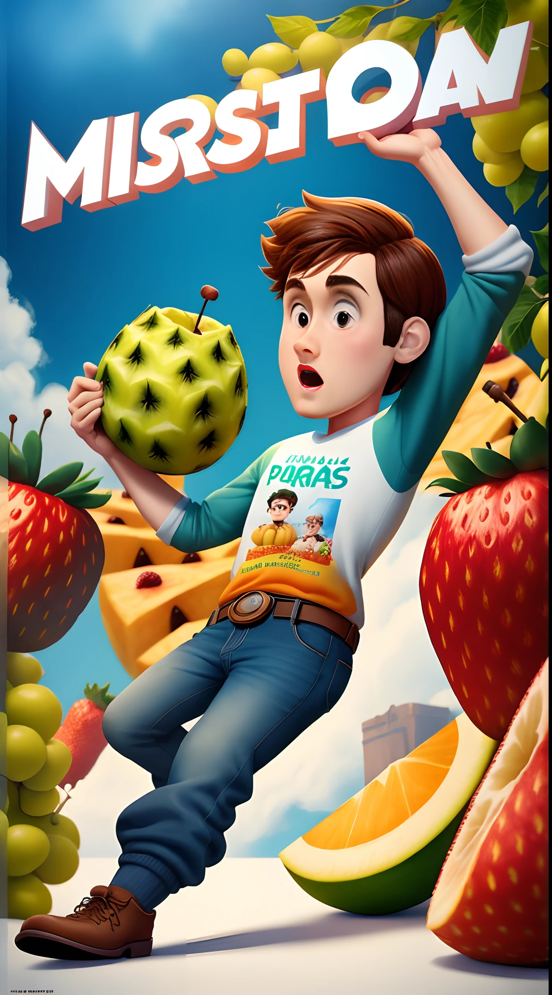 Um poster estilo Pixar mostrando um homem branco, baixinho apresentando sua barraca de frutas