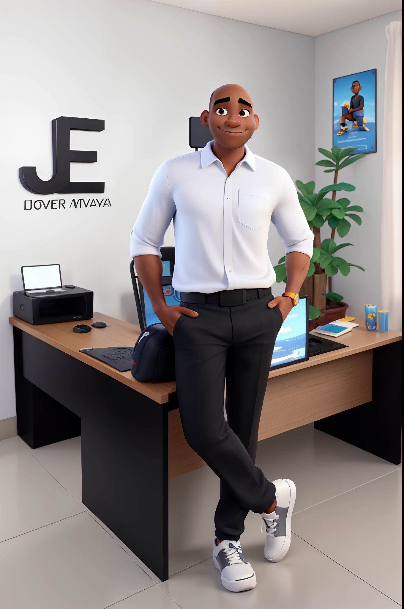 Um homem negro, jovem e careca estilo Disney pixar, em alta qualidade, na melhor qualidade