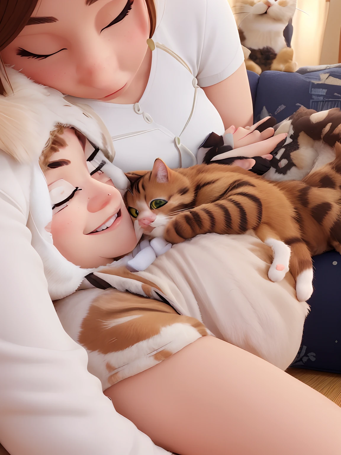 Woman lying on a sofa with a cat on her lap, com gato pequeno no colo, mulher e gato, she is holding a cat in her arms, cuddling her gremlings, bochechas grandes segurando seu gato, Postagem no Reddit, imagem de perfil, senhora gata louca, aw, there is a cat next to her, aw, foto do perfil, momma and papa, aw