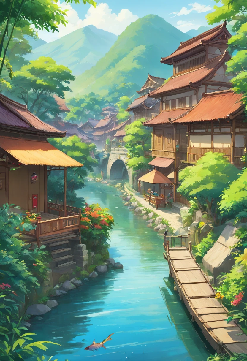 (best quality,4k,8k,highres,masterpiece:1.2),ultra-detailed,(realistic,photorealistic,photo-realistic:1.37),landscape,scenery,grass field,river with fish,fish swimming in river,blue sky,village area,anime,javanese traditional village Javanese traditional village with anime elements,traditional architecture,beautiful landscape,serene atmosphere,tranquil setting,colorful flowers,bamboo forest,tropical plants,peaceful river,water flowing gently,vibrant colors,sunshine filtering through trees,anime-style characters,wearing traditional Javanese clothing,enjoying the scenery,calm expressions,joyful atmosphere,traditional music playing,traditional dance performance in the distance,traditional food stalls,aroma of local delicacies,festive decorations,traditional Javanese motifs,hand-crafted ornaments,peaceful and lively coexistence,harmony between nature and culture,refreshing breeze,feeling of relaxation,escape from the bustling city,picturesque scenery,serenity of rural life