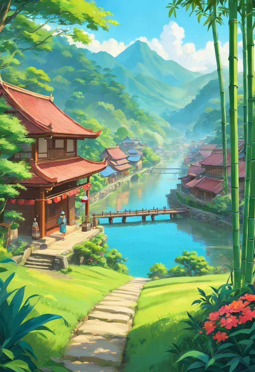 (best quality,4k,8k,highres,masterpiece:1.2),ultra-detailed,(realistic,photorealistic,photo-realistic:1.37),landscape,scenery,grass field,river with fish,fish swimming in river,blue sky,village area,anime,javanese traditional village Javanese traditional village with anime elements,traditional architecture,beautiful landscape,serene atmosphere,tranquil setting,colorful flowers,bamboo forest,tropical plants,peaceful river,water flowing gently,vibrant colors,sunshine filtering through trees,anime-style characters,wearing traditional Javanese clothing,enjoying the scenery,calm expressions,joyful atmosphere,traditional music playing,traditional dance performance in the distance,traditional food stalls,aroma of local delicacies,festive decorations,traditional Javanese motifs,hand-crafted ornaments,peaceful and lively coexistence,harmony between nature and culture,refreshing breeze,feeling of relaxation,escape from the bustling city,picturesque scenery,serenity of rural life