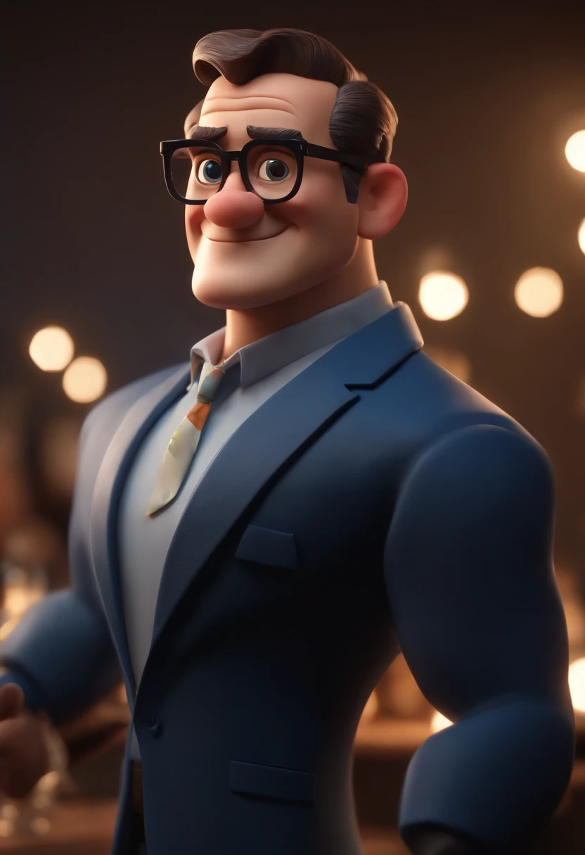 Cartoon character of a man wearing black glasses and a blue shirt, um personagem animado, Caractere estilizado, animation style rendering, 3D estilizado, Arnold Maya render, 3 d render stylized, toon render keyshot, Personagem 3D, Personagem 3D, 3d rendering stylized, 3 d character render, personagem de desenho animado, Personagem de close up, Pose de personagem, (Estilo Pixar) (master part:1.2) (Bokeh) (best quality) (pele detalhada) (textura detalhada) (8k) (argila) (Cinematic lighting) (foco nítido,Senta e vaza a parte superior do corpo