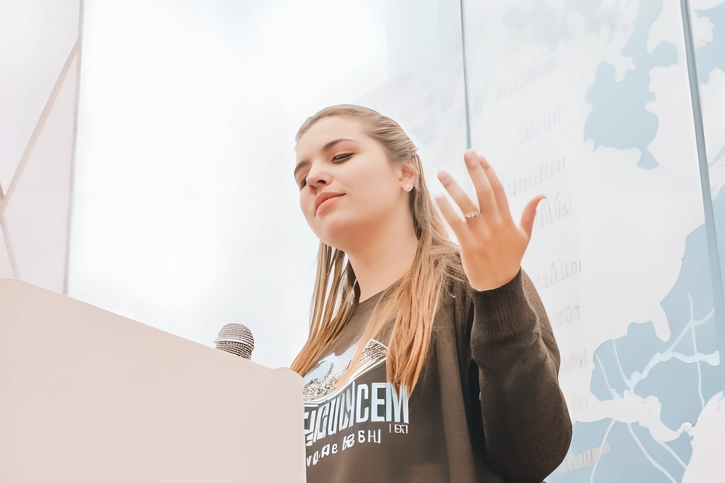Woman standing on podium with hands raised in front of a map, Pokimane, by Amelia Peláez, Directed by: Olivia Peguero, fernanda suarez, Directed by: Emma Andijewska, Madalena Radziej, fazer um discurso, Jenna Barton, Marischa Becker, Greta Thunberg, Directed by: Caro Niederer, Jovana Rikalo