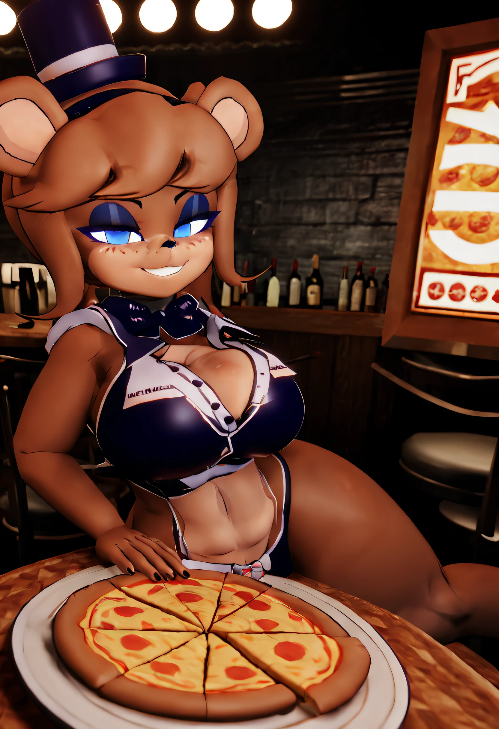 (no hat), eye liner, makeup, 1girl, (subtle blush), Digital art style, (wide shot, detail background:1.23), FrenniFazclaire sitting holding up a slice of pizza to the viewer, POV, restaurant setting, toned waist, large breasts, huge ass, wide hips, thick thighs, symmetrical eyes, (fair skin, gleaming skin), (facing forward),